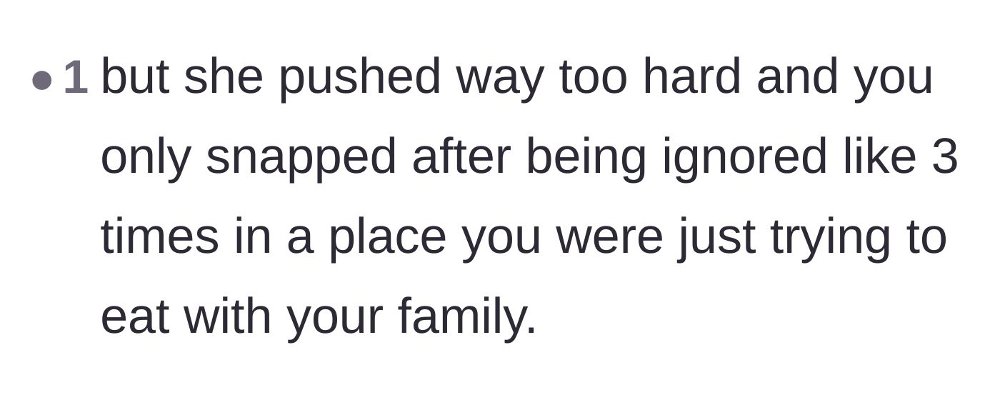 Comment thread 6 - Validation that the father was justified in snapping after his boundaries were ignored three times during a family meal.
