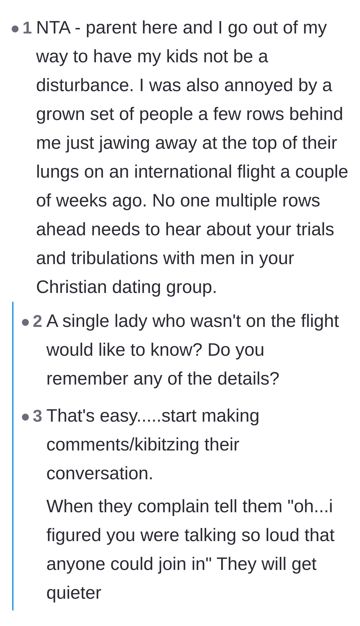 Comment thread 2 - A user complaining about loud adults on flights and others joking about joining their conversation to shut them up.