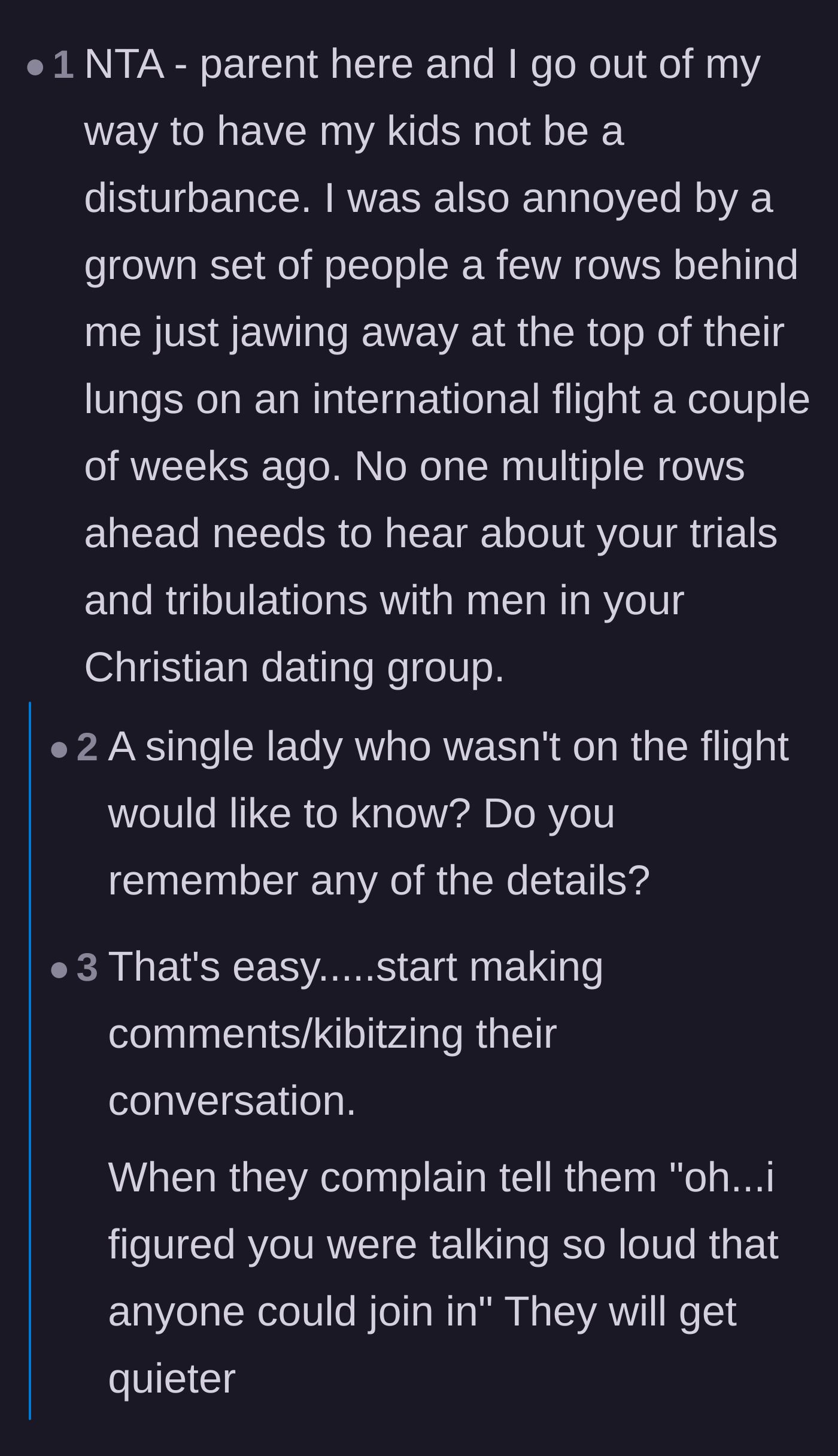 Comment thread 2 - A user complaining about loud adults on flights and others joking about joining their conversation to shut them up.