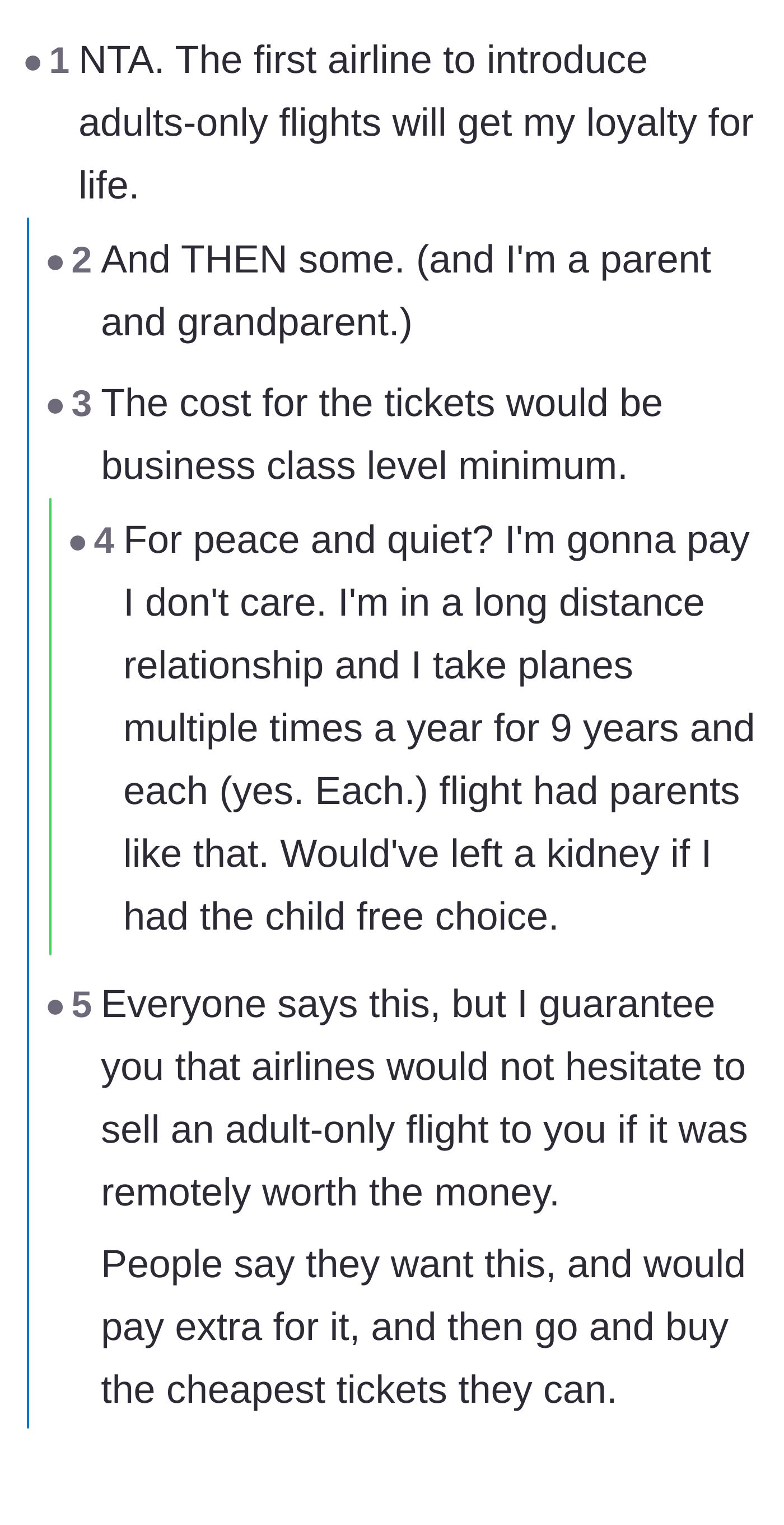 Comment thread 3 - Users desperately wishing for an adults-only airline option and debating if people would actually pay the premium.