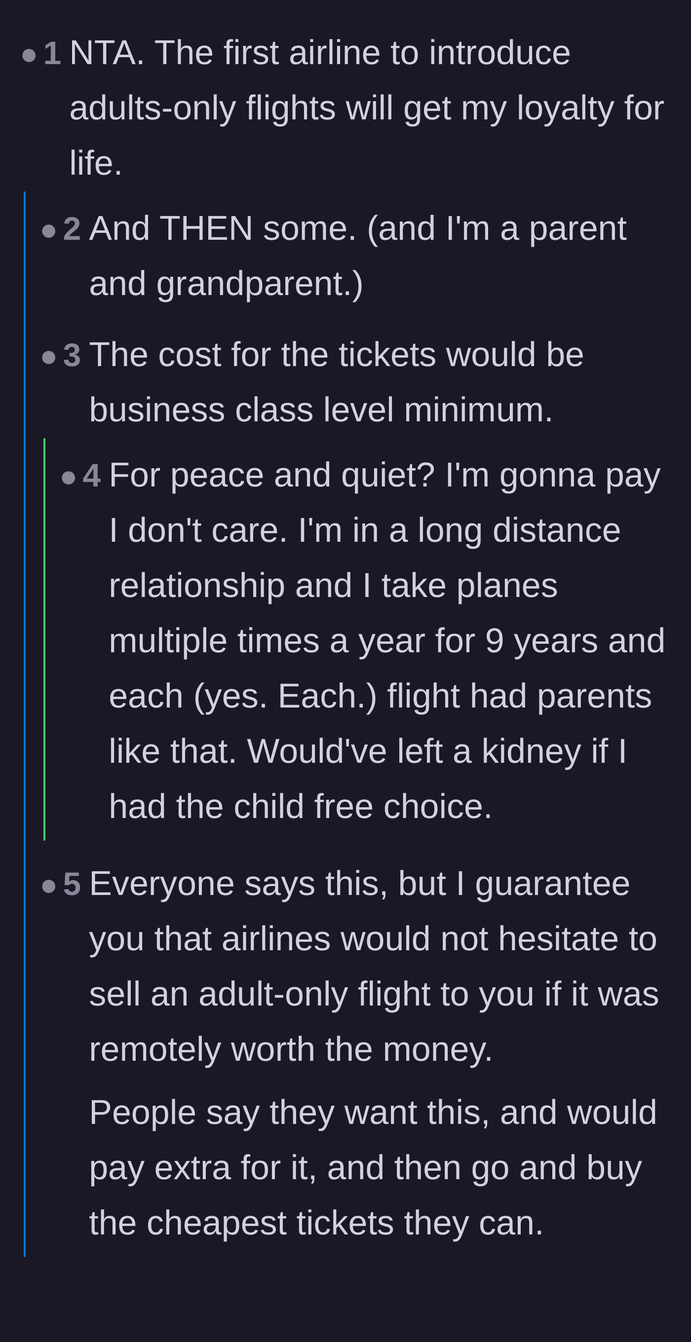 Comment thread 3 - Users desperately wishing for an adults-only airline option and debating if people would actually pay the premium.
