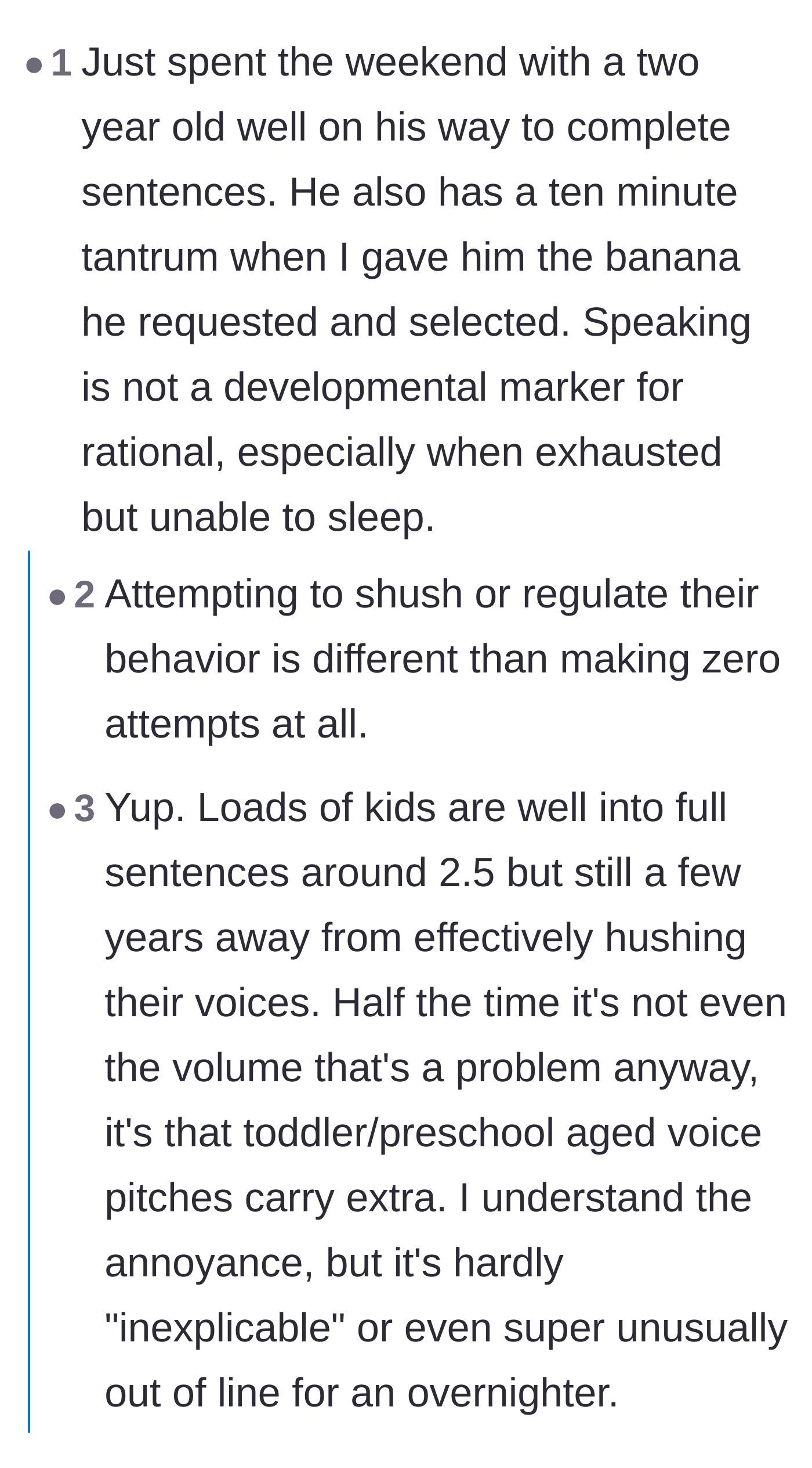 Comment thread 4 - A debate pointing out that speaking in sentences doesn't mean toddlers can regulate volume, but parents still need to try.
