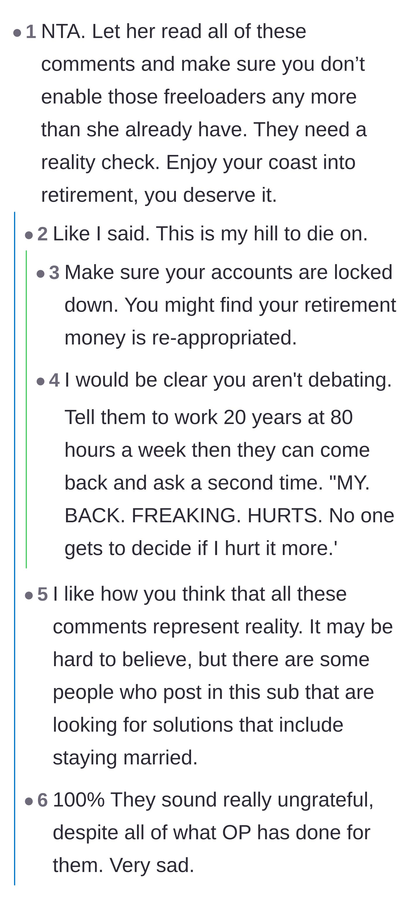 Comment thread 2 - Advice urging the father to protect his retirement funds and use two-factor authentication on all his bank accounts.