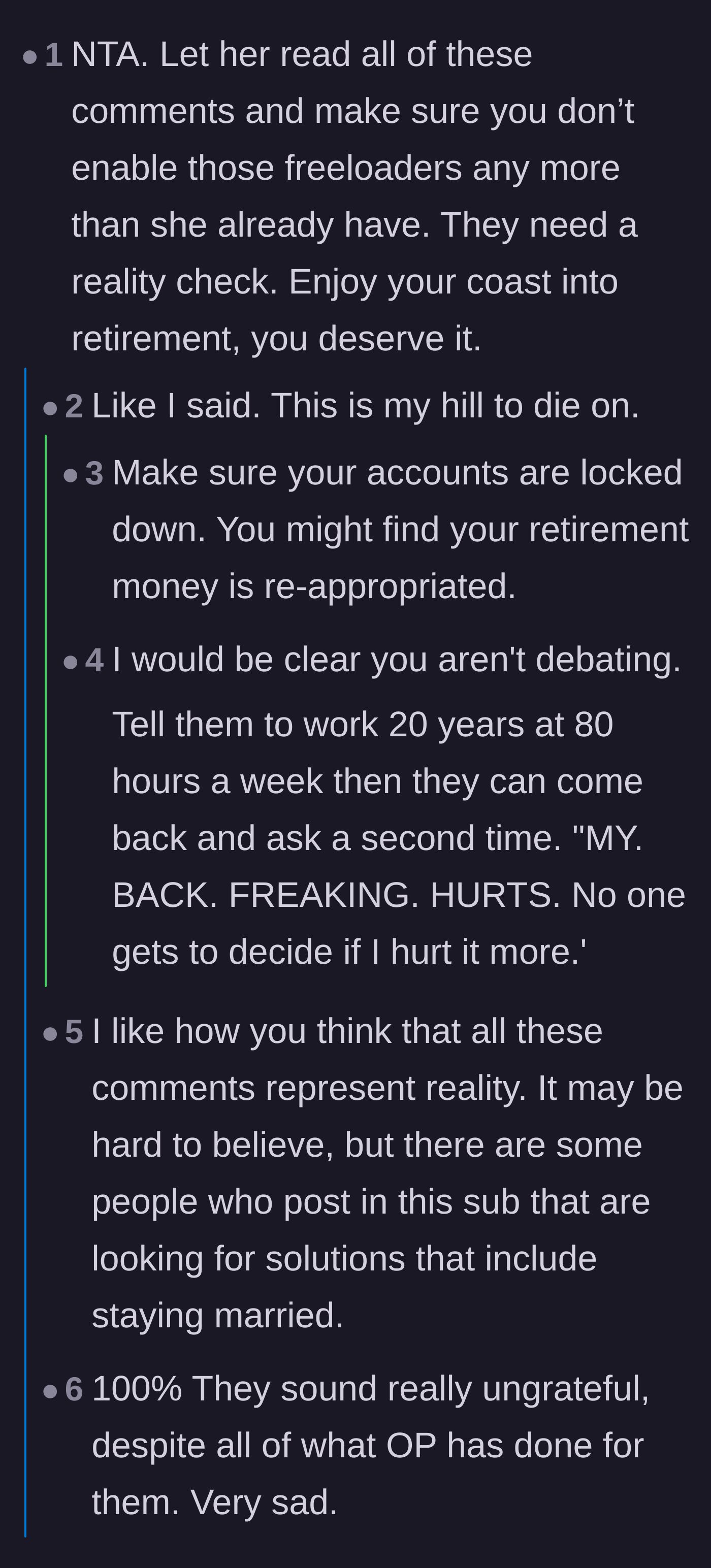 Comment thread 2 - Advice urging the father to protect his retirement funds and use two-factor authentication on all his bank accounts.