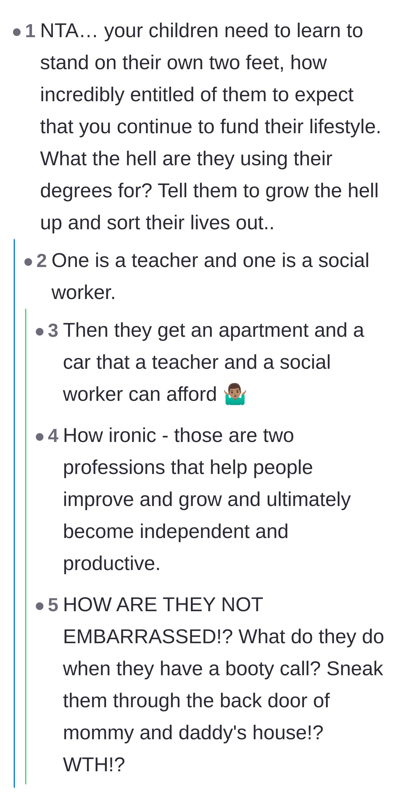 Comment thread 3 - A debate contrasting healthy multi-generational household contributions with the sheer financial parasitism of the adult children.