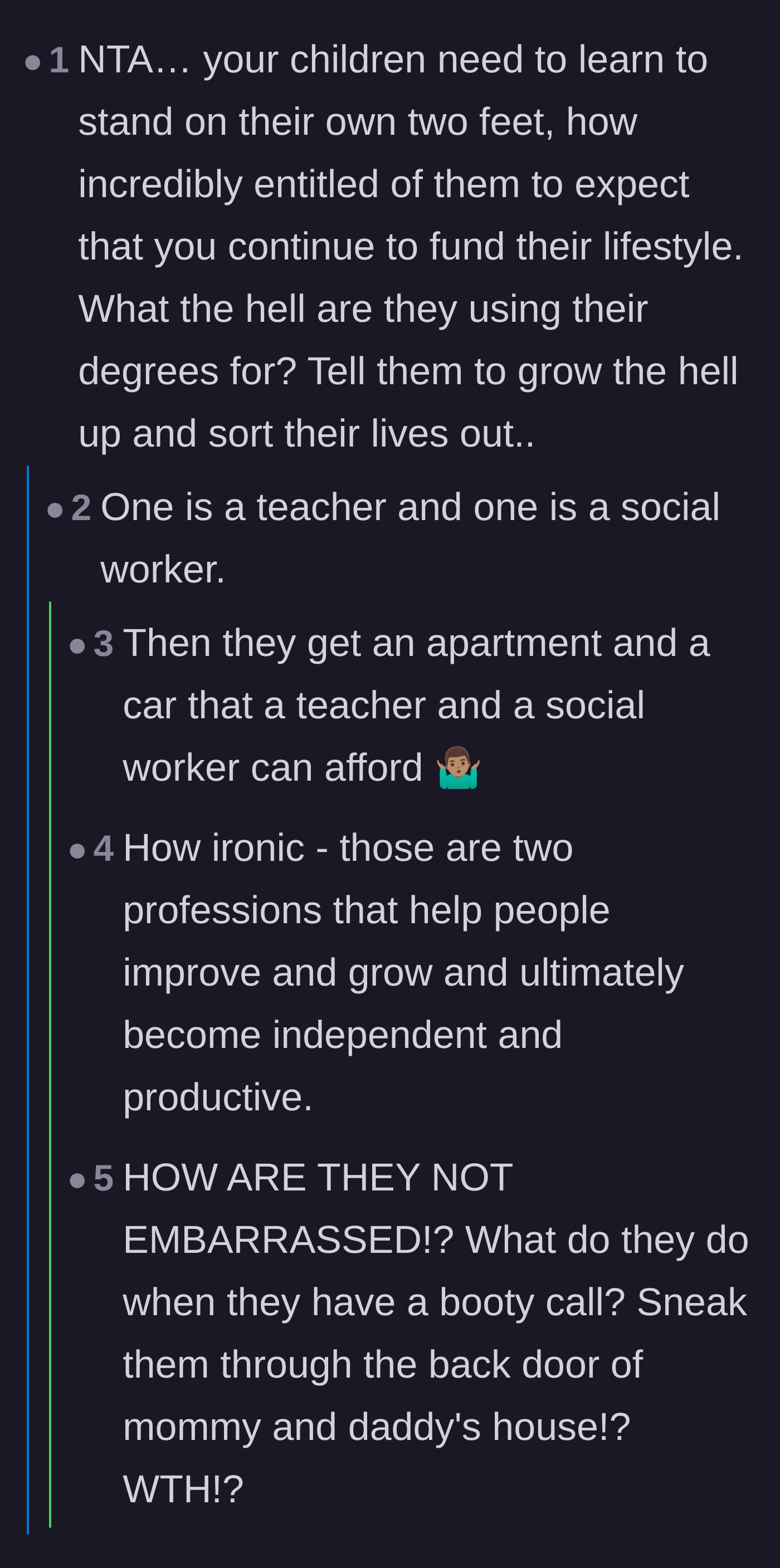 Comment thread 3 - A debate contrasting healthy multi-generational household contributions with the sheer financial parasitism of the adult children.