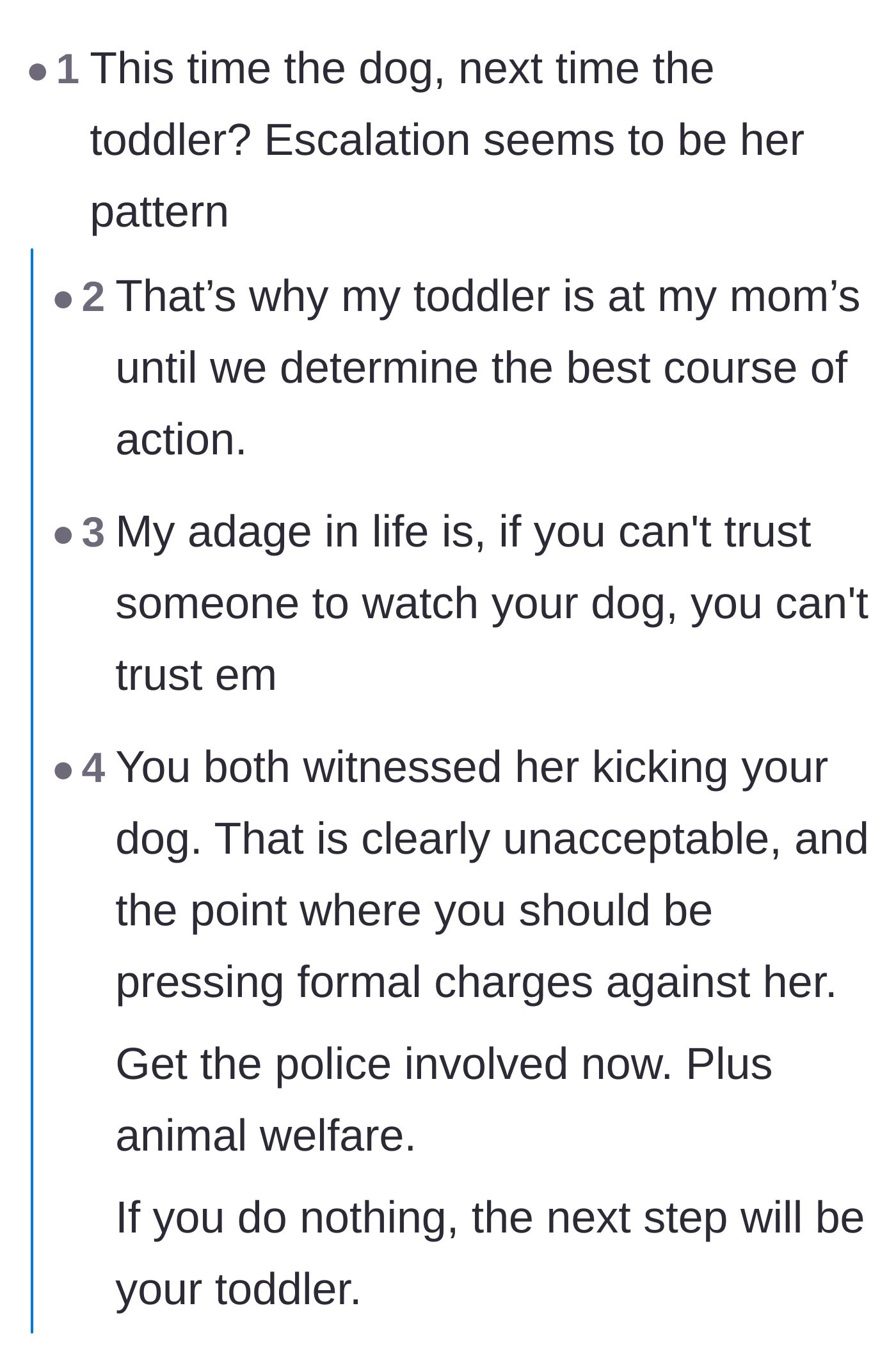 Comment thread 1 - Readers warning that the stepdaughter's violence will escalate from the family dog to the vulnerable toddler.
