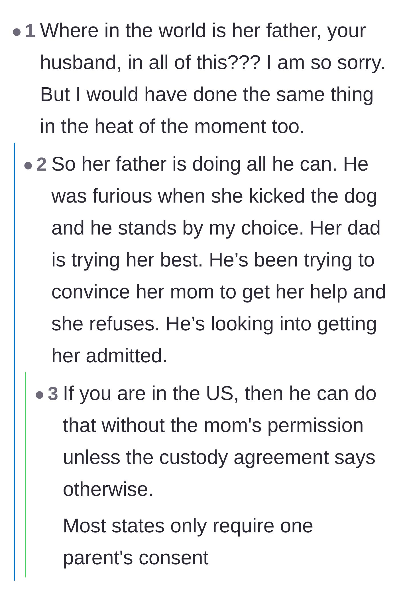 Comment thread 2 - A discussion about the father's role and legal options for getting the teen psychiatric help despite the biological mother's refusal.