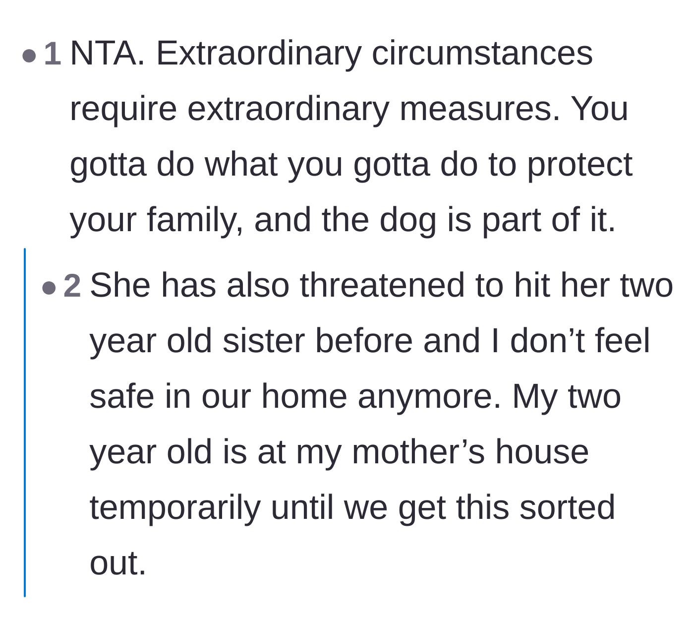 Comment thread 3 - Support for protecting the household, leading to the devastating revelation that the teen previously threatened her toddler sister.