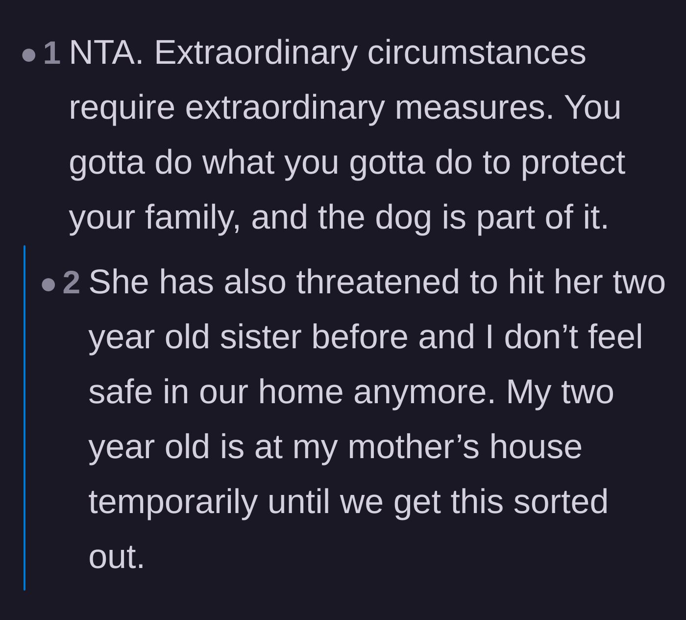 Comment thread 3 - Support for protecting the household, leading to the devastating revelation that the teen previously threatened her toddler sister.