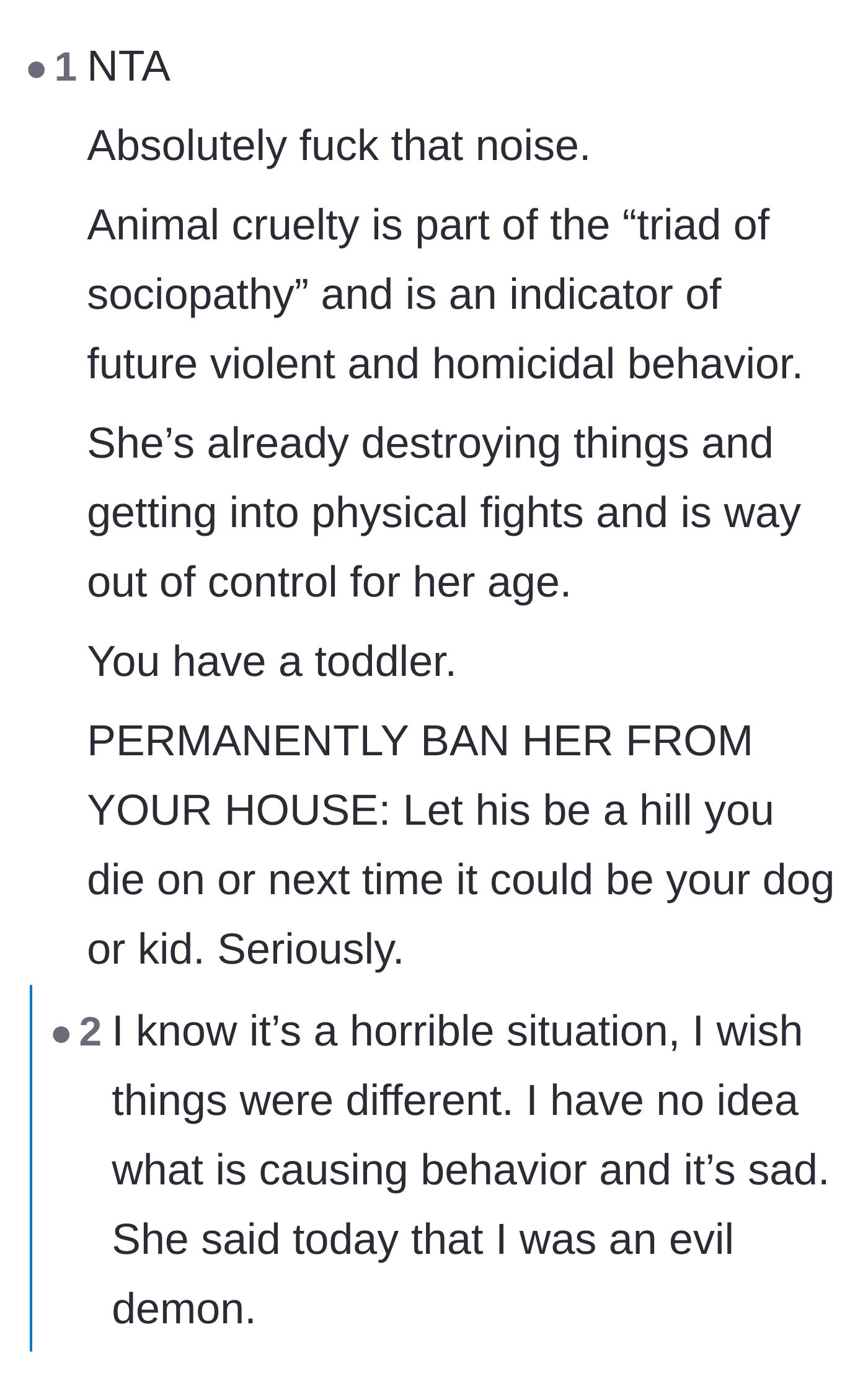 Comment thread 6 - Dire warnings about animal abuse being a major psychological red flag, ending with the stepdaughter calling her stepmom an evil demon.
