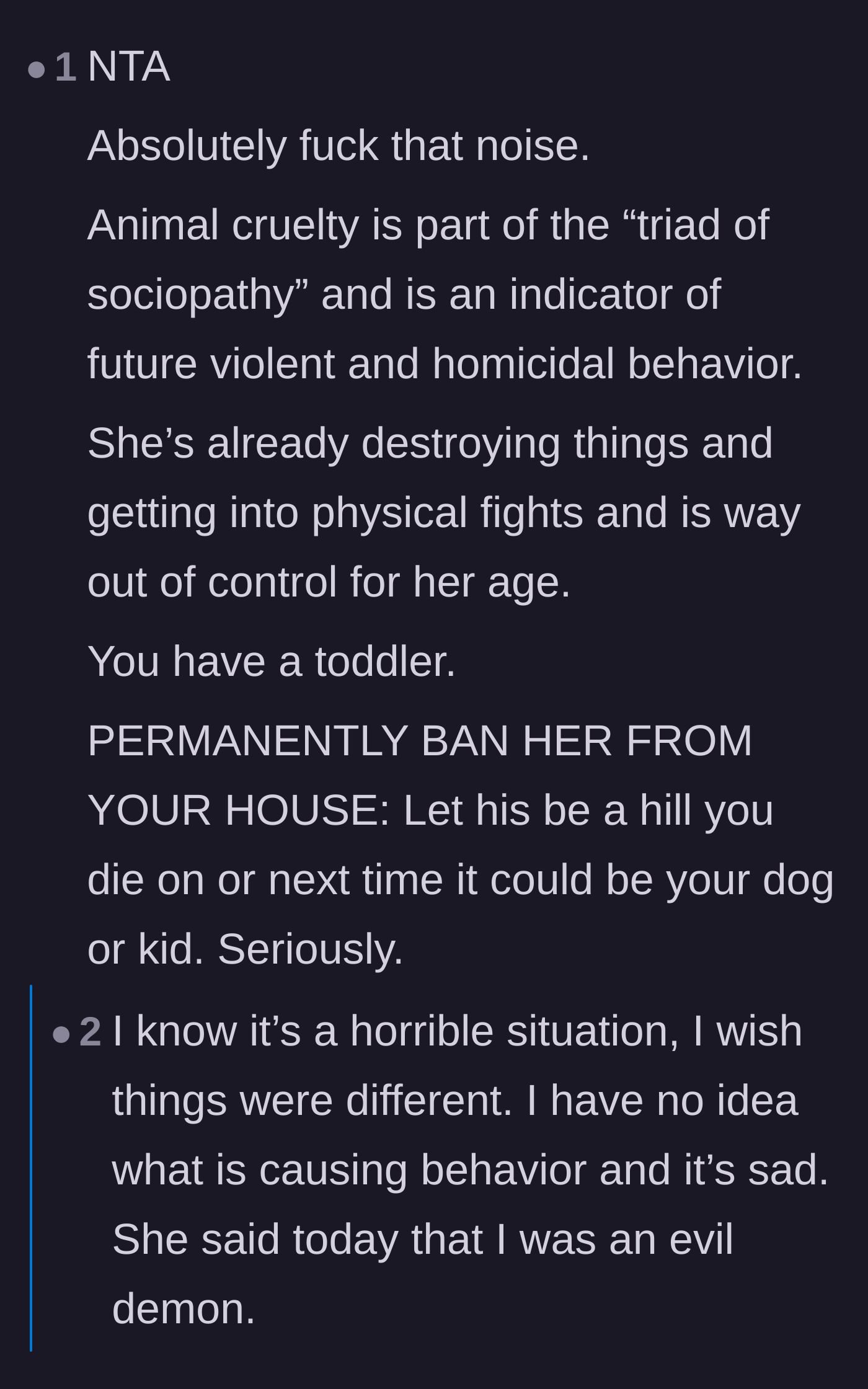 Comment thread 6 - Dire warnings about animal abuse being a major psychological red flag, ending with the stepdaughter calling her stepmom an evil demon.