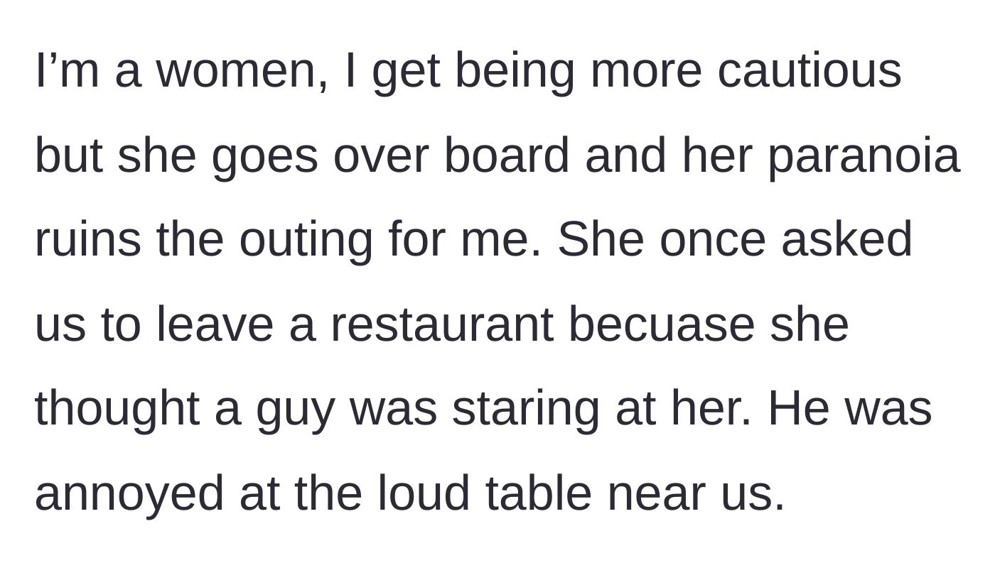Story part 4 - The main character explains how the friend's extreme caution ruins outings, citing an incident where they had to leave a restaurant over a misunderstanding.
