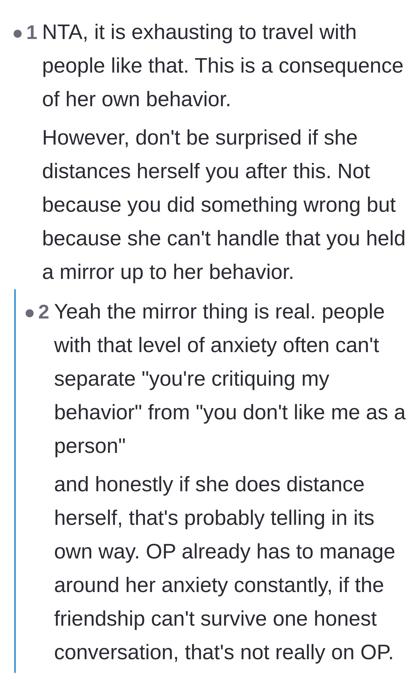 Comment thread 1 - Readers discuss how the friend's silent treatment is just a defense mechanism to avoid looking in the mirror.
