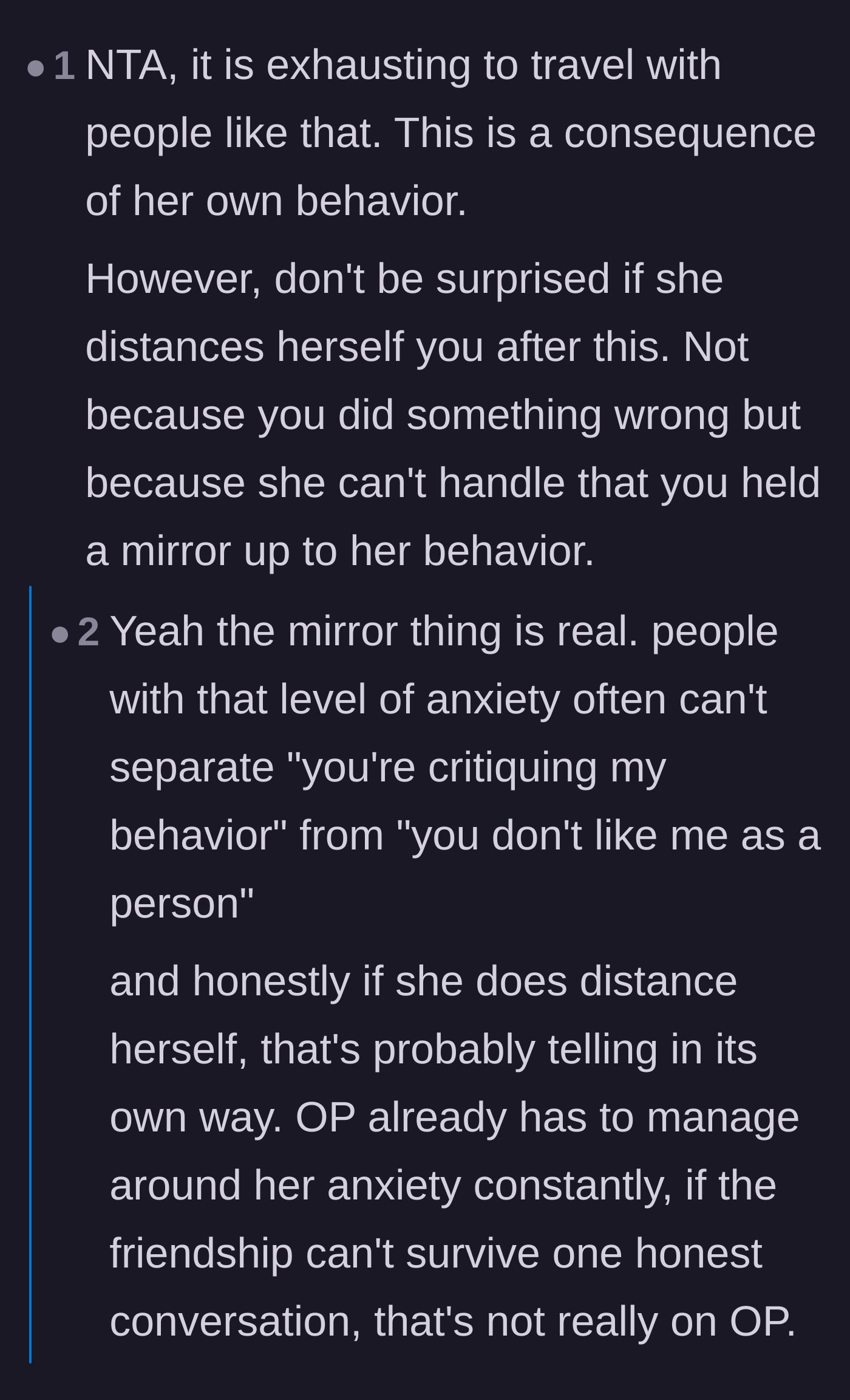 Comment thread 1 - Readers discuss how the friend's silent treatment is just a defense mechanism to avoid looking in the mirror.