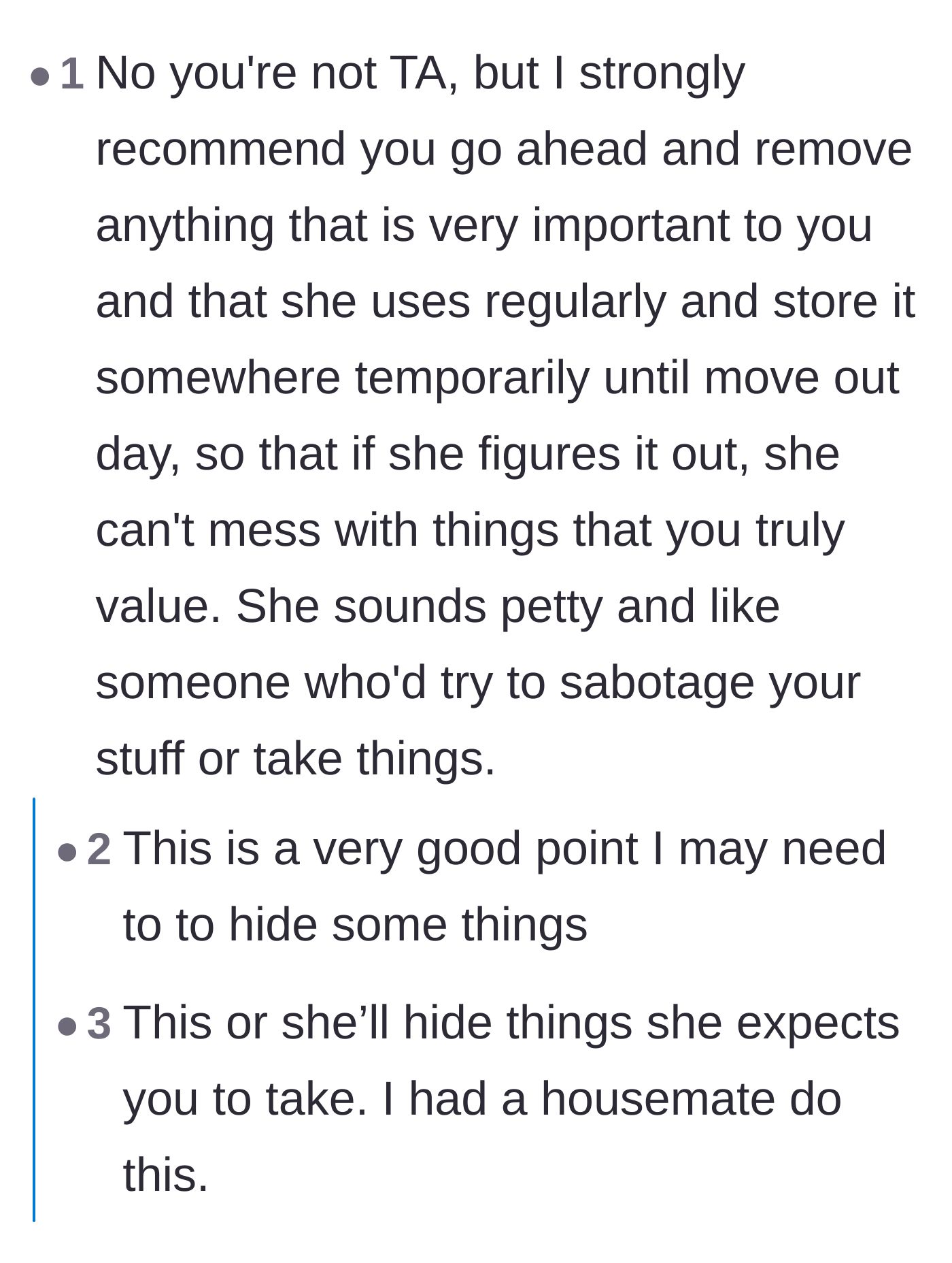 Comment thread 1 - Advice on hiding valuable items before move-out day to prevent the roommate from stealing or sabotaging them.