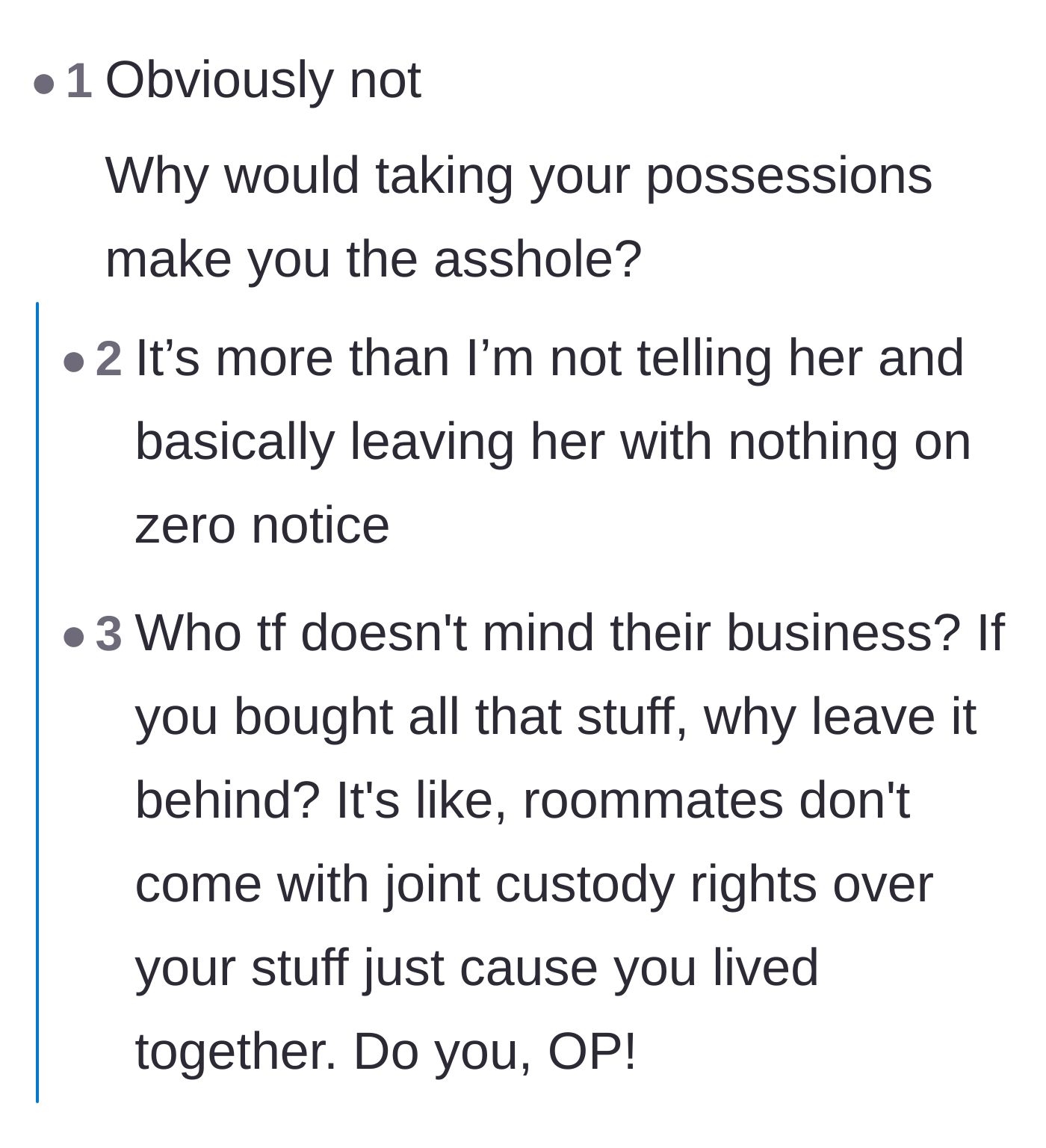 Comment thread 2 - A discussion on why taking your own belongings when you move out is perfectly normal and nothing to feel guilty about.
