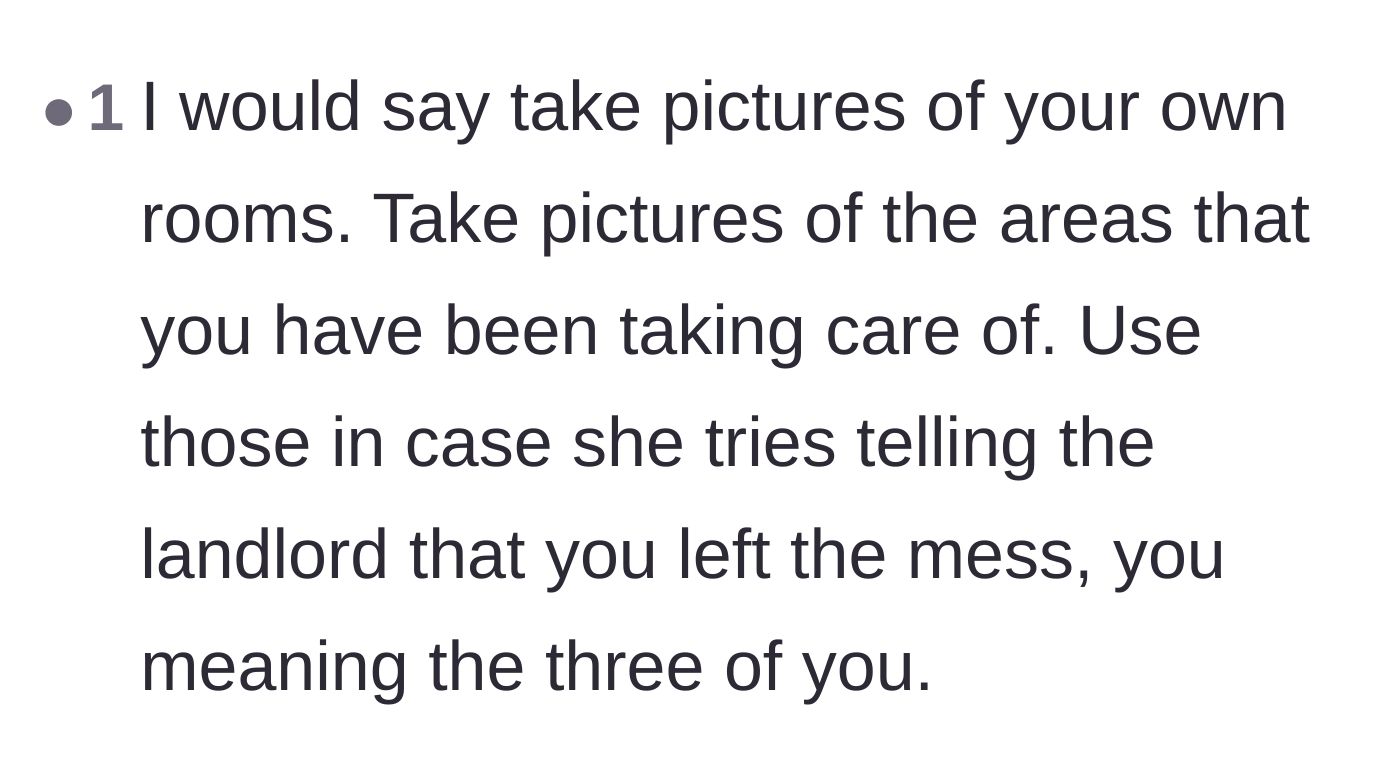 Comment thread 4 - Practical advice to take photos of clean areas to protect the group's security deposit from the messy roommate.