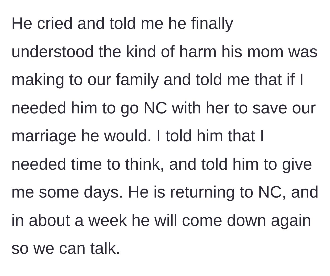 Story part 12 - Husband begging for another chance and offering to cut off his mother.