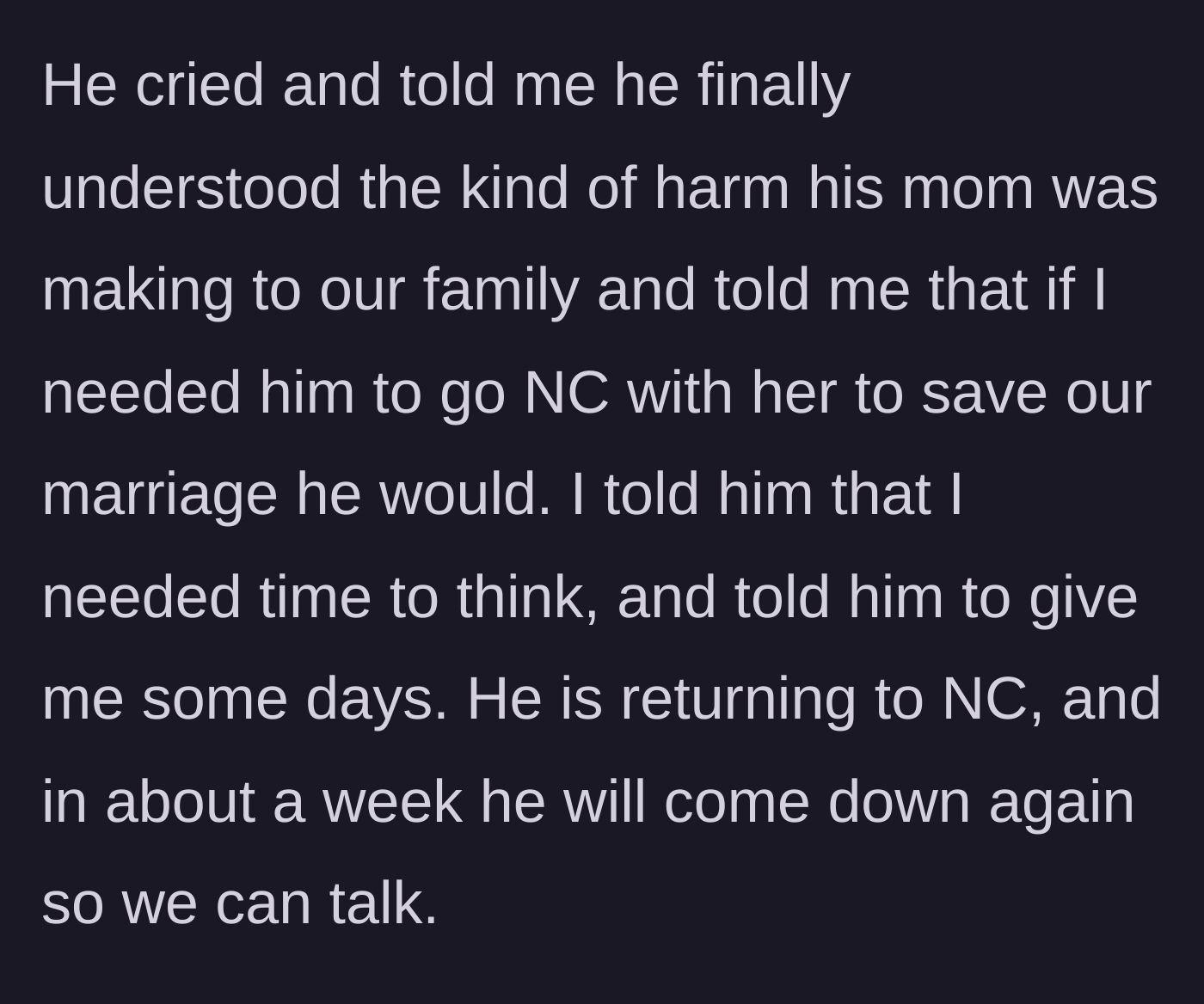 Story part 12 - Husband begging for another chance and offering to cut off his mother.