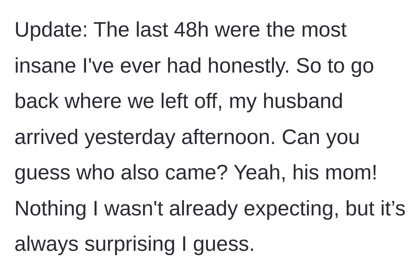 Story part 4 - Husband and mother-in-law arriving together at the parents' house.