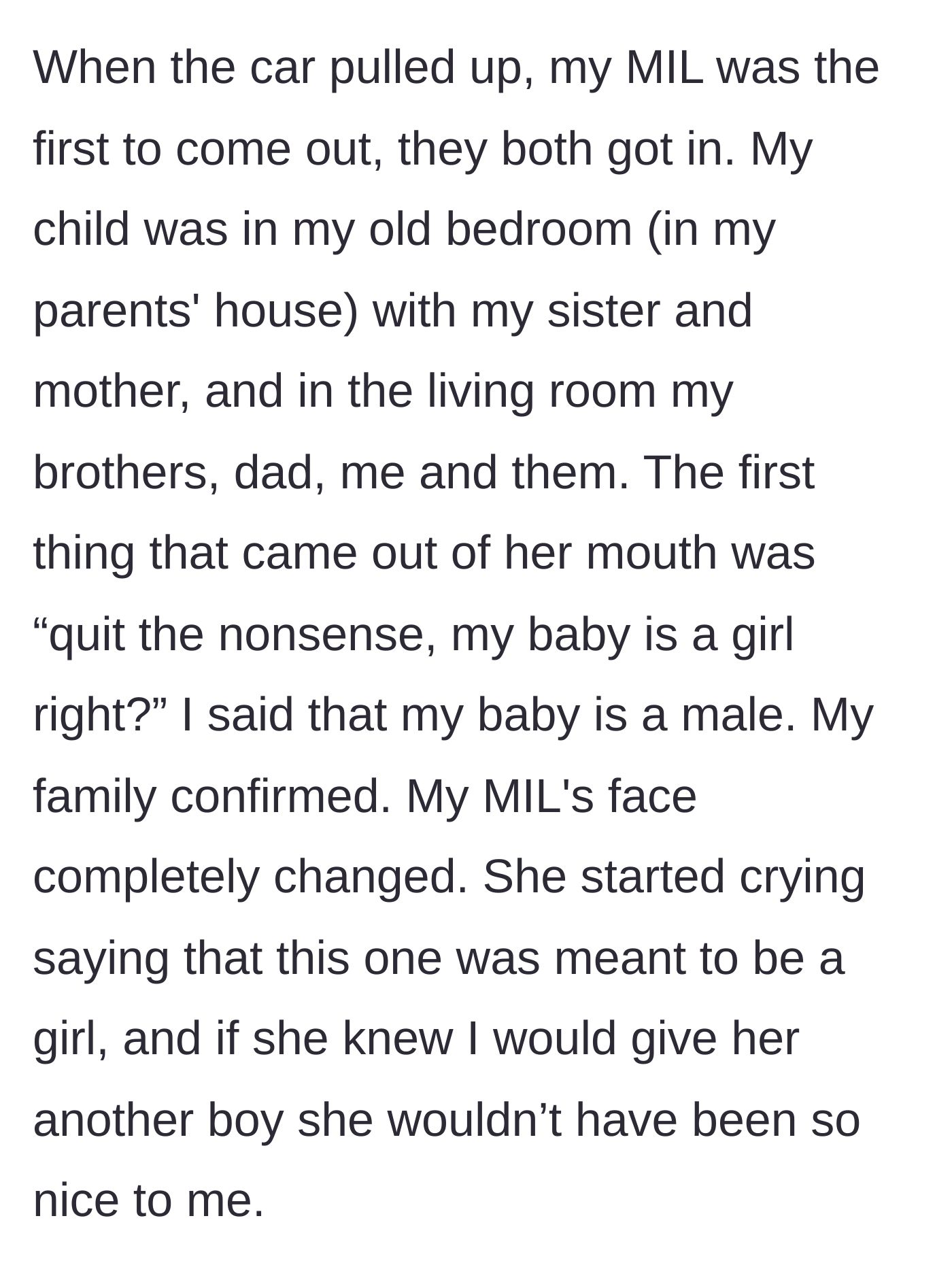 Story part 5 - Mother-in-law throwing a tantrum upon learning the baby is a boy.