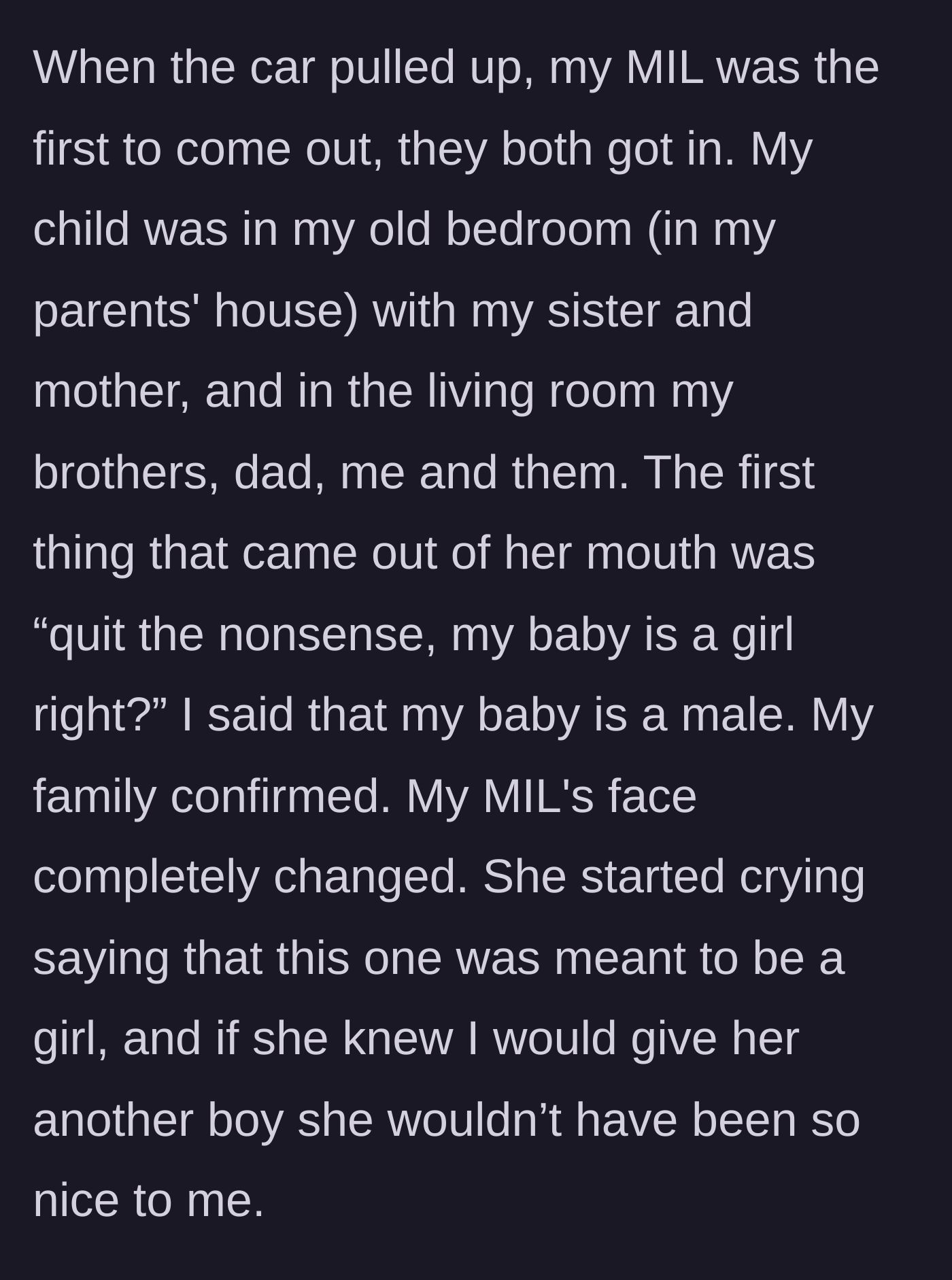 Story part 5 - Mother-in-law throwing a tantrum upon learning the baby is a boy.