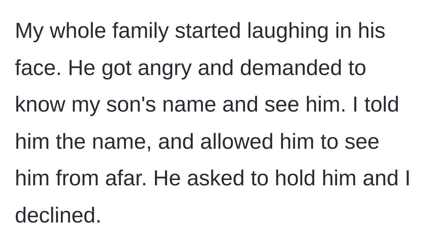 Story part 9 - Family laughing at the husband while he is denied holding the baby.