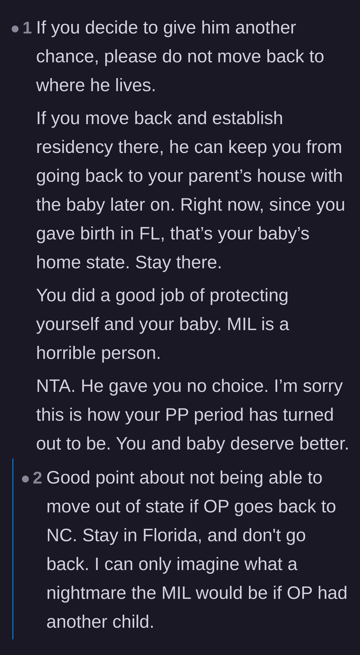 Comment thread 1 - Legal advice on residency and keeping the baby in Florida