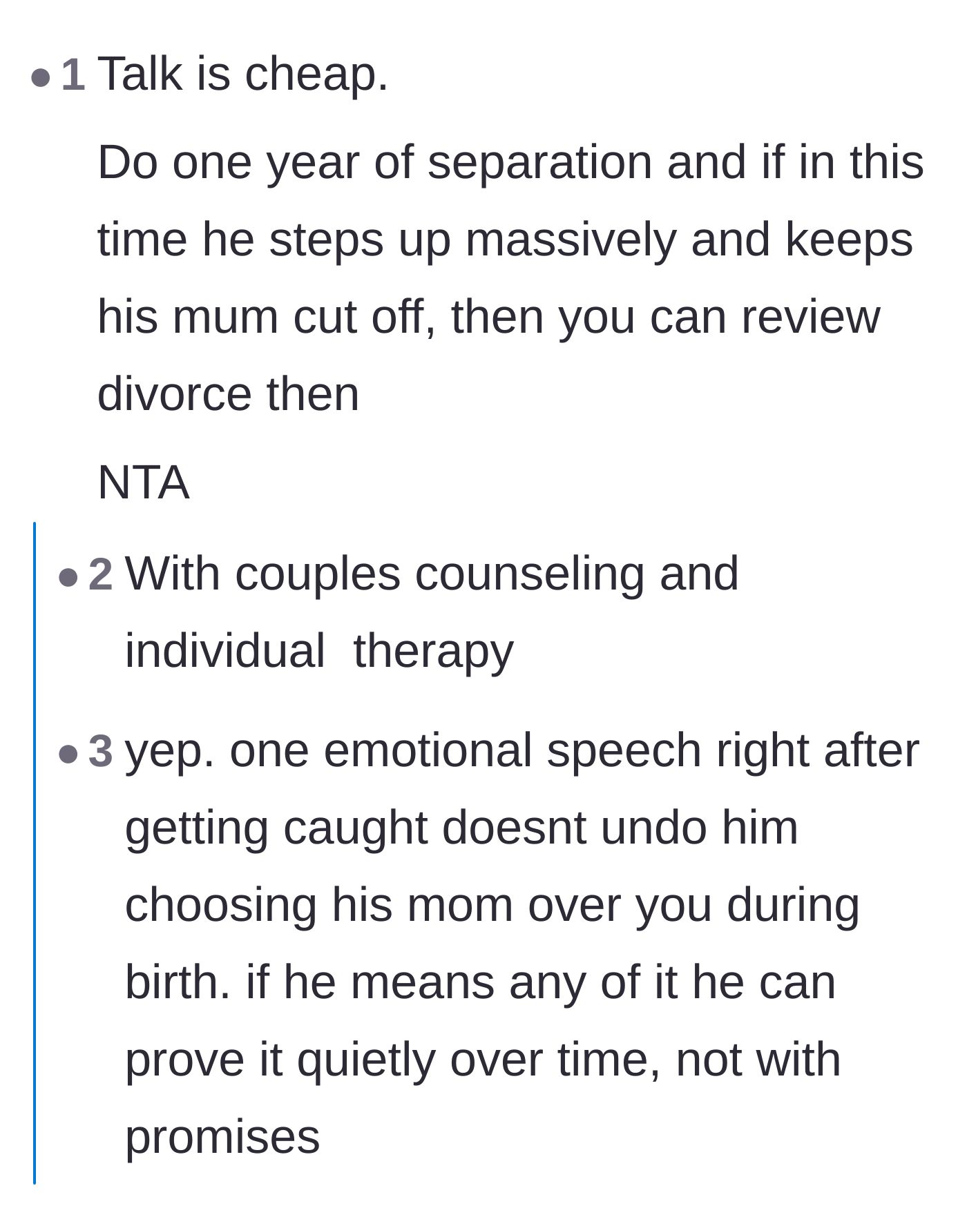 Comment thread 2 - Suggesting a one-year trial separation and intensive therapy