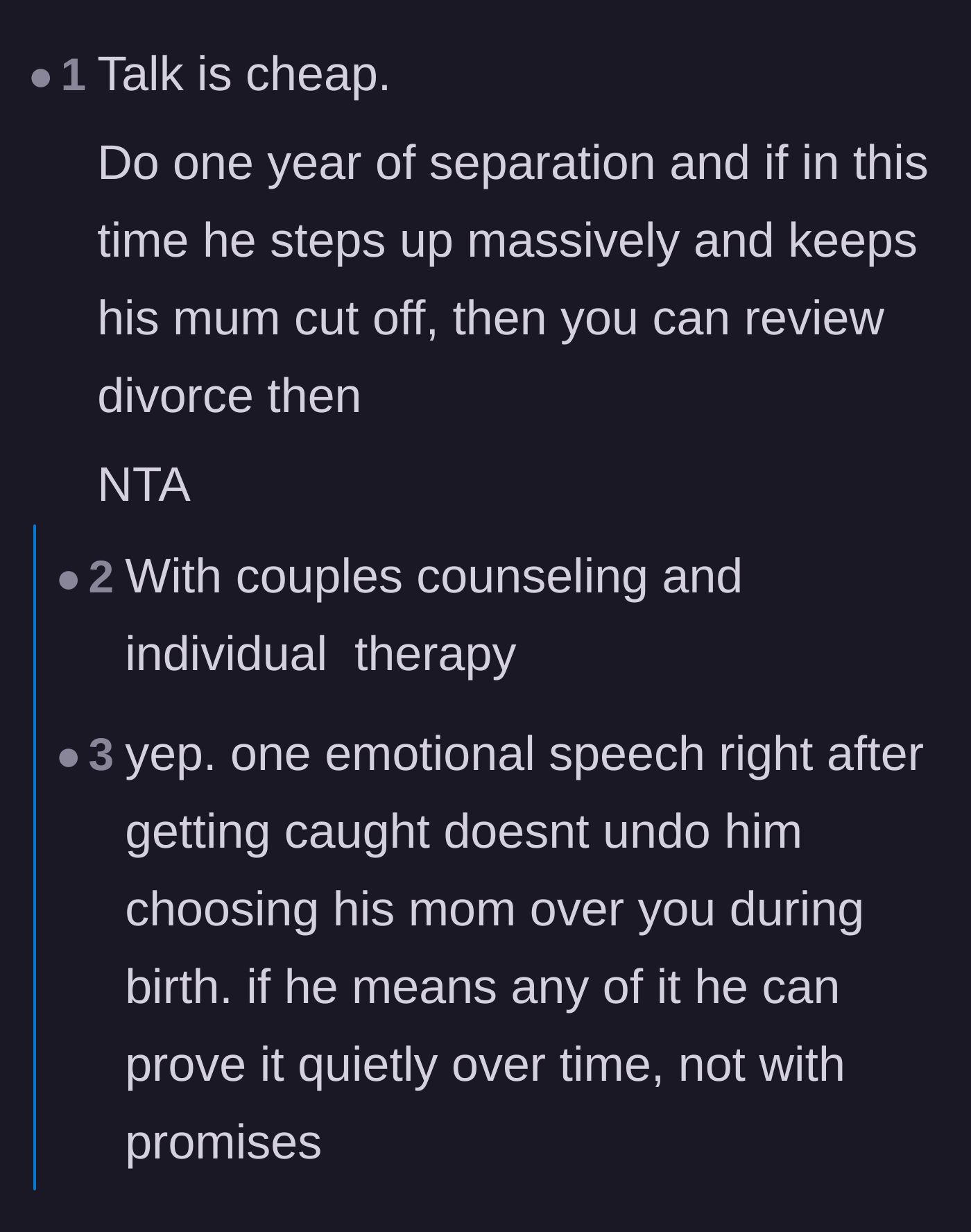 Comment thread 2 - Suggesting a one-year trial separation and intensive therapy