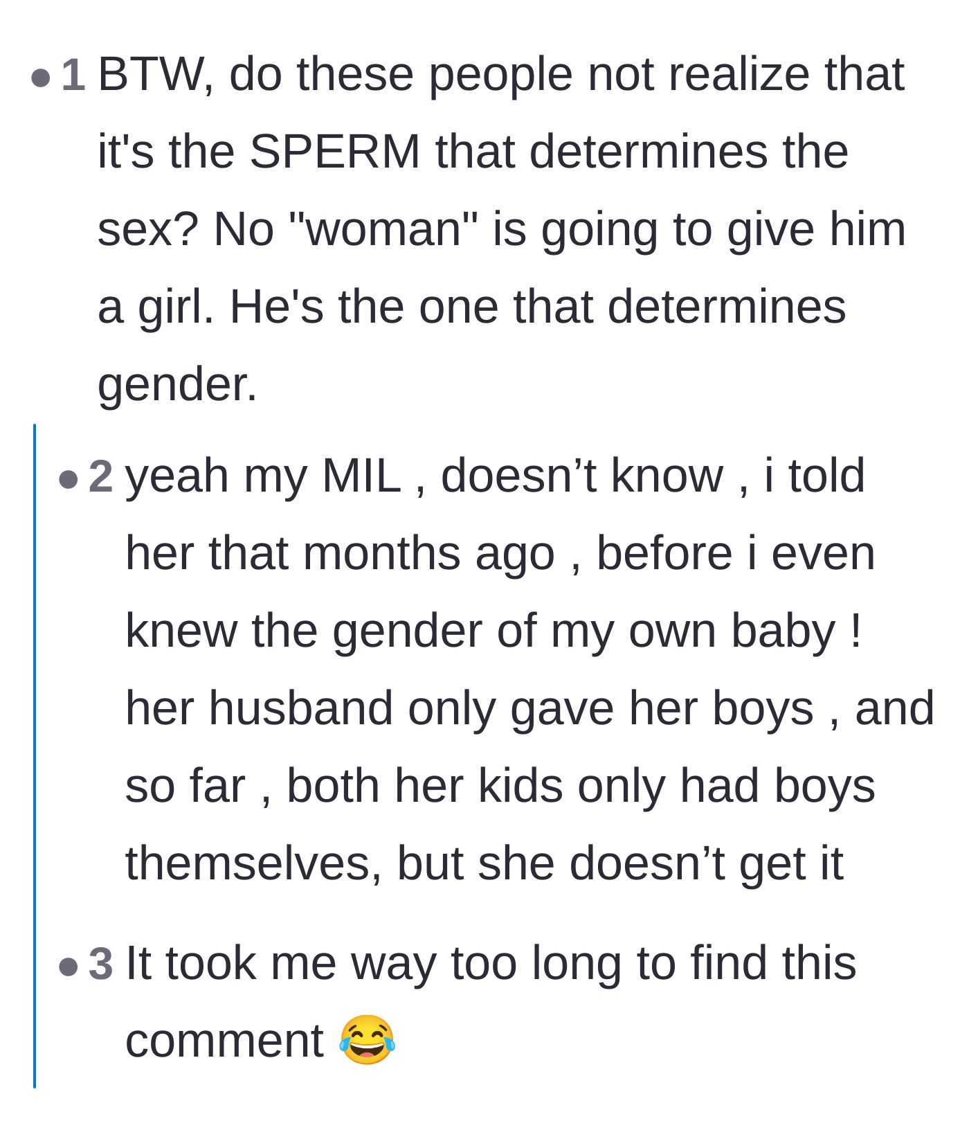 Comment thread 4 - Explaining that the biological father determines the baby's gender