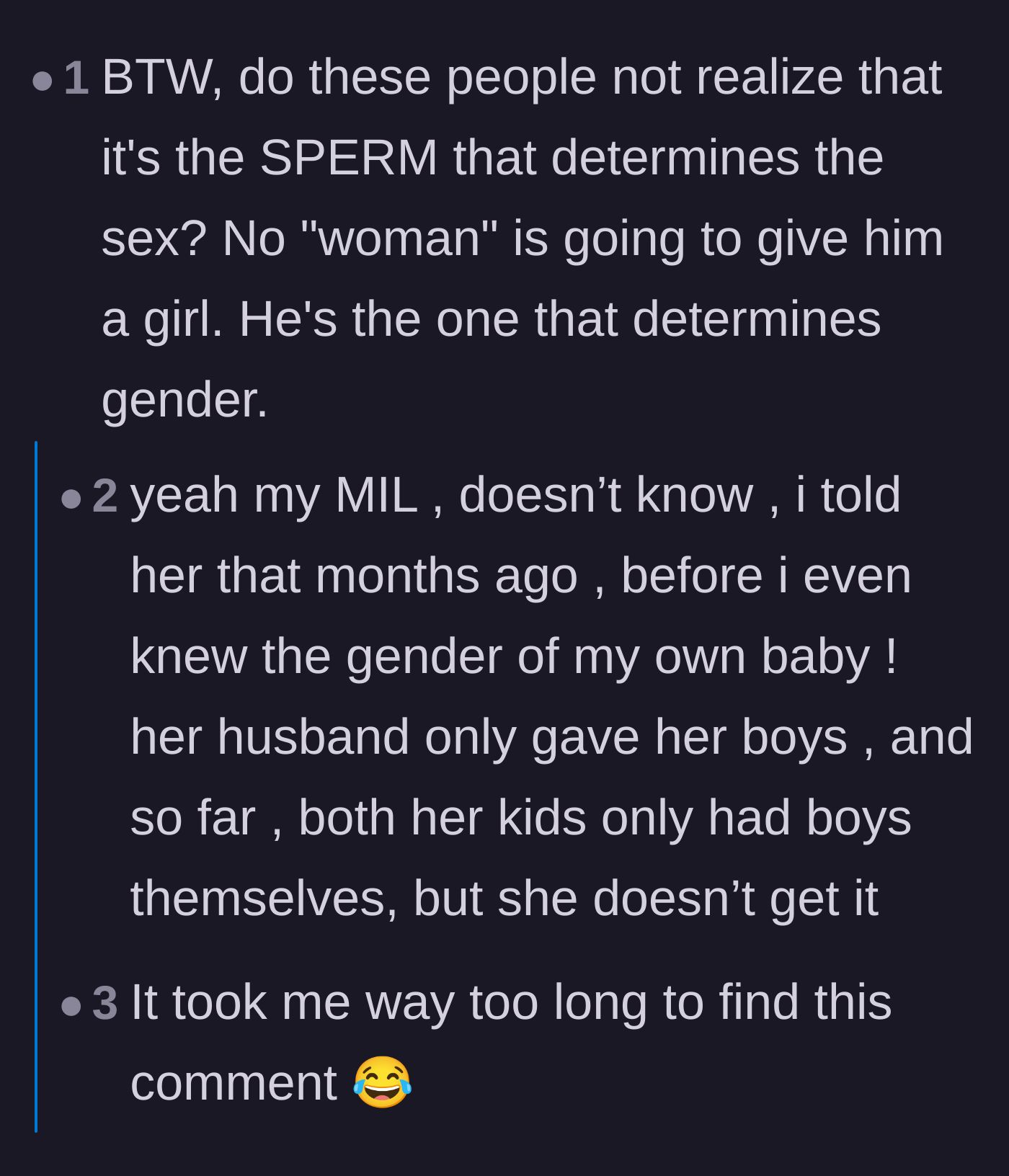 Comment thread 4 - Explaining that the biological father determines the baby's gender