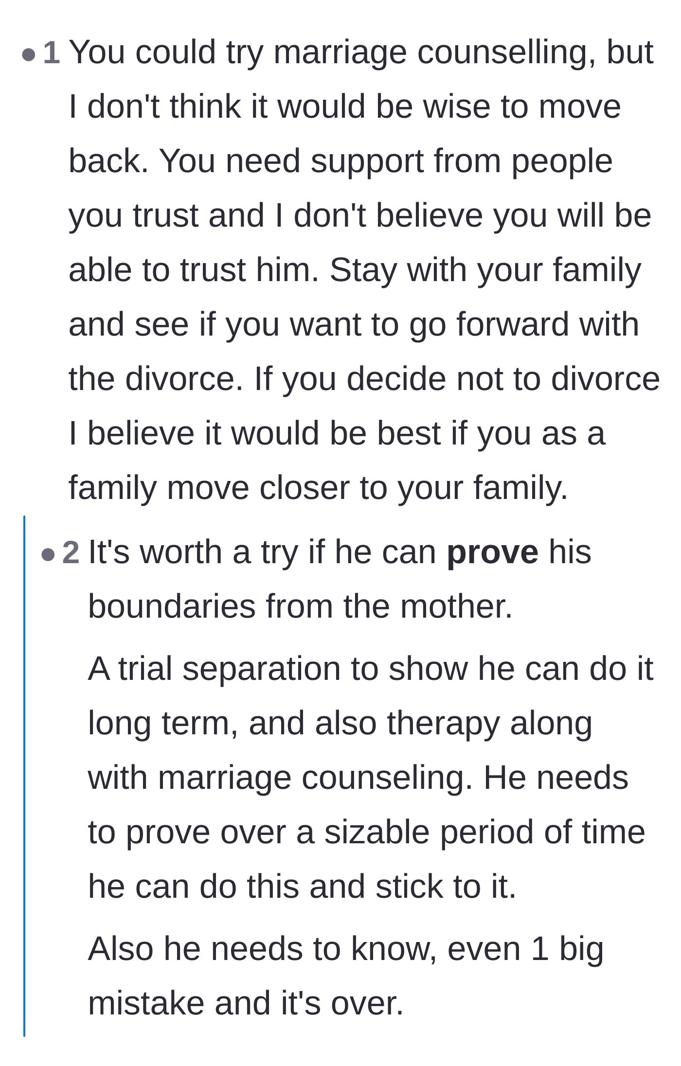 Comment thread 5 - Recommending the mother stay close to her fiercely supportive family