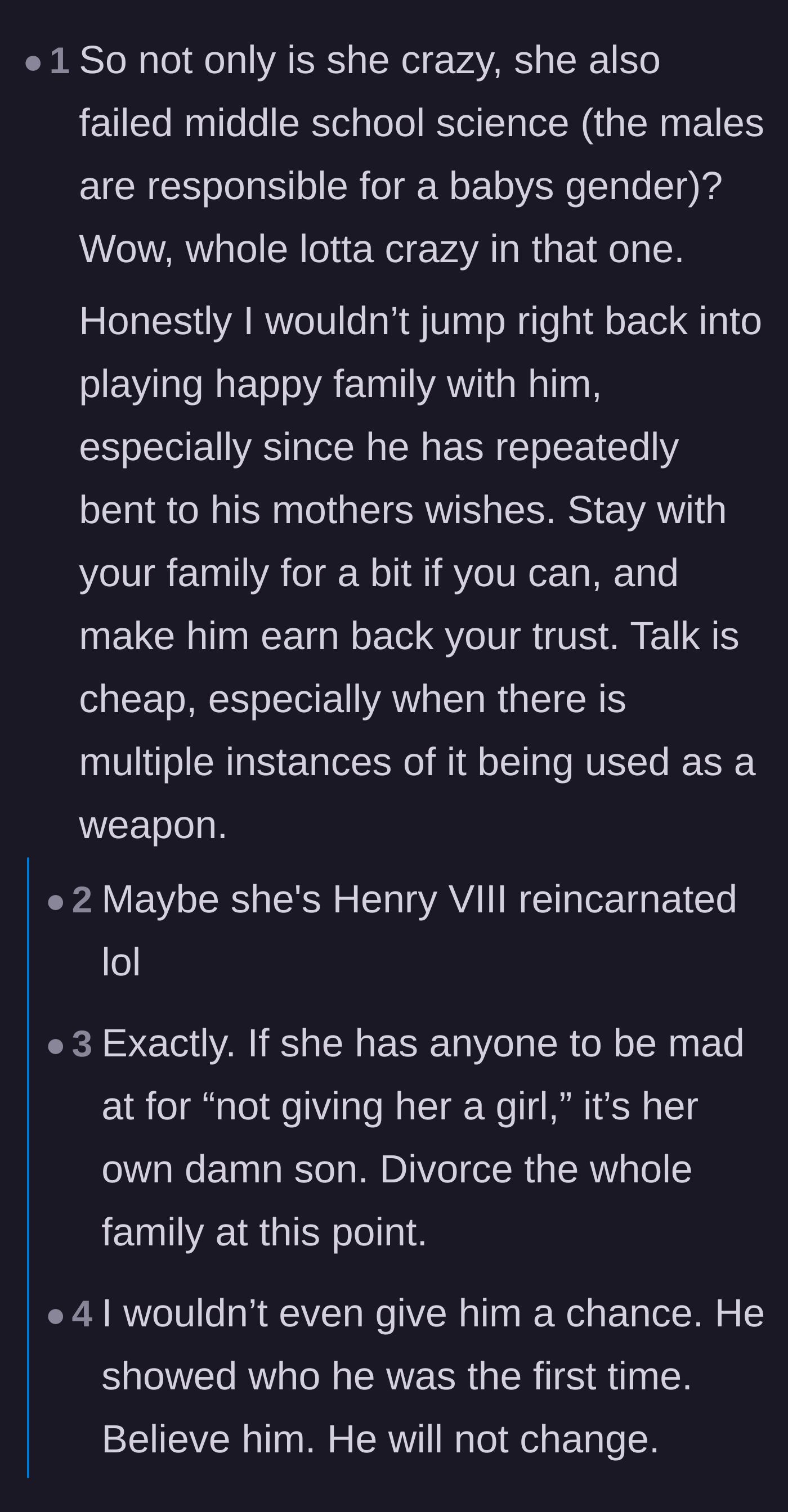 Comment thread 6 - Joking about the mother-in-law's lack of science knowledge and Henry VIII energy