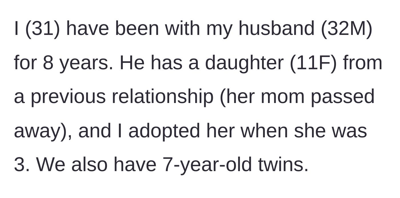 Story part 1 - Intro to a blended family with an adopted older daughter and younger twins.