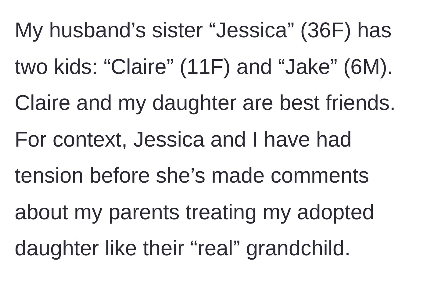 Story part 2 - Background on the toxic sister-in-law making cruel comments about the adopted daughter.