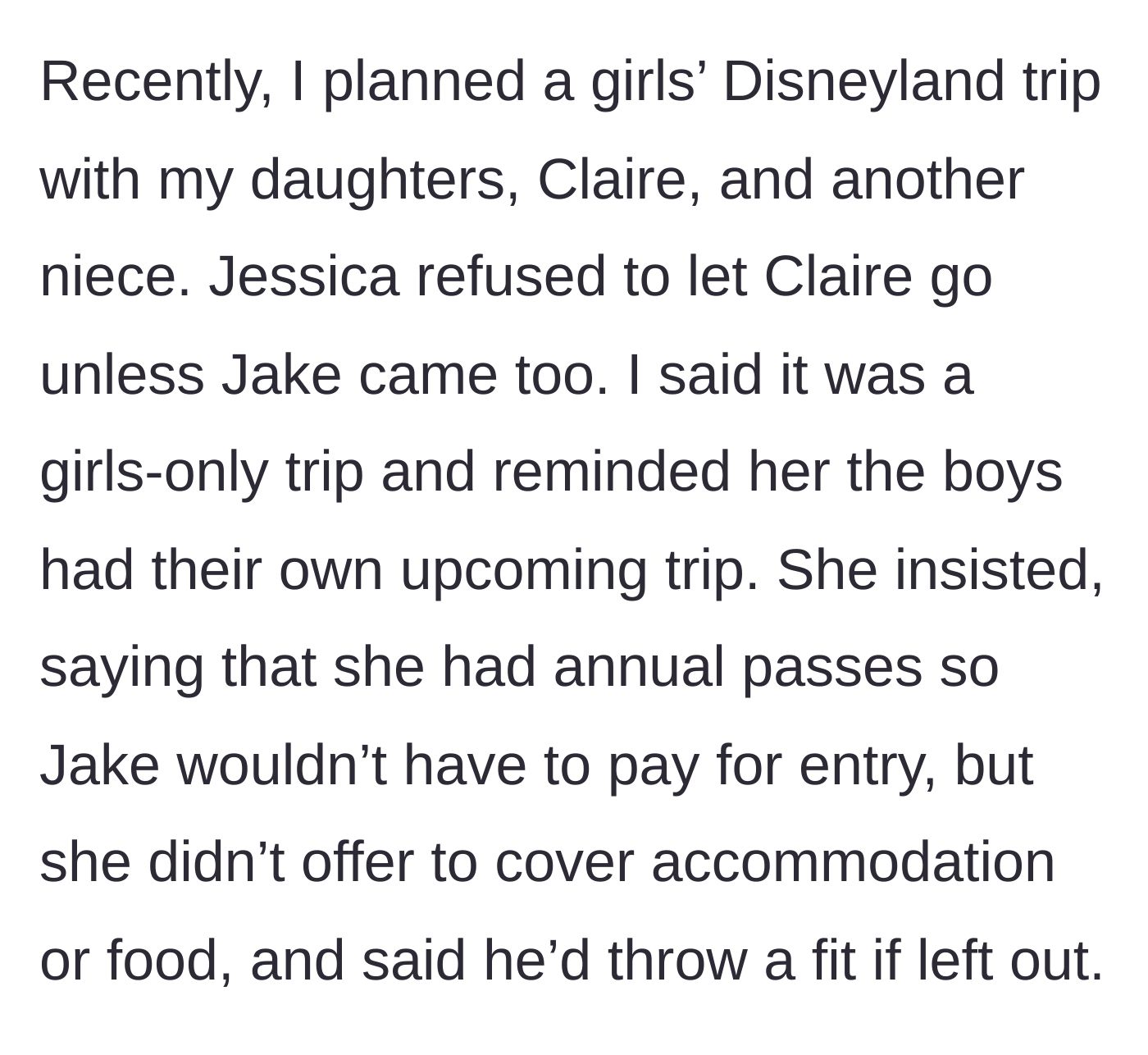 Story part 3 - The sister-in-law forcing her 6-year-old son into a girls-only Disney trip without paying for accommodation or food.