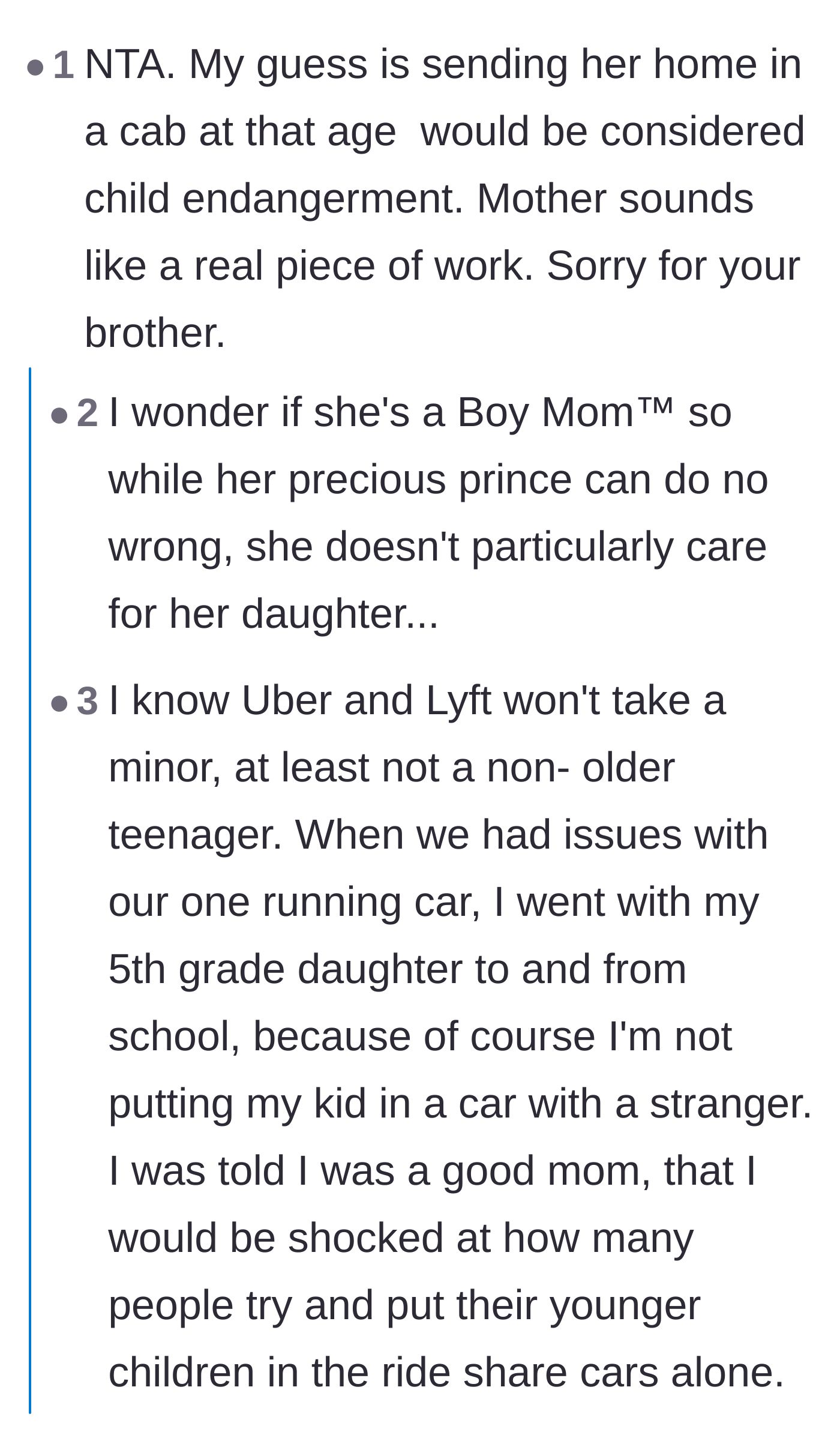 Comment thread 1 - Discussion about the sheer danger of putting a minor in a cab and speculation about the sister-in-law being a toxic 'Boy Mom.'