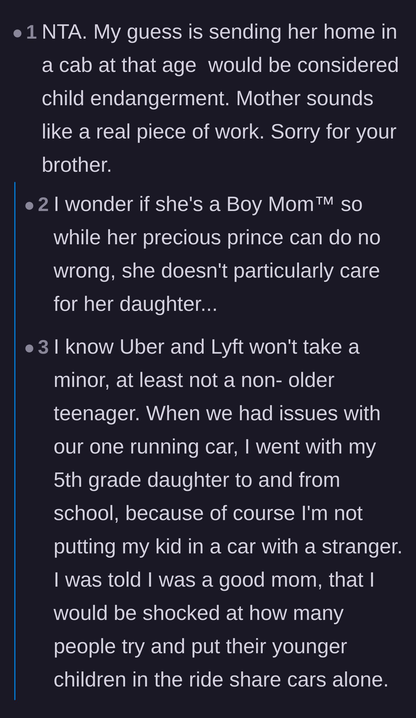 Comment thread 1 - Discussion about the sheer danger of putting a minor in a cab and speculation about the sister-in-law being a toxic 'Boy Mom.'