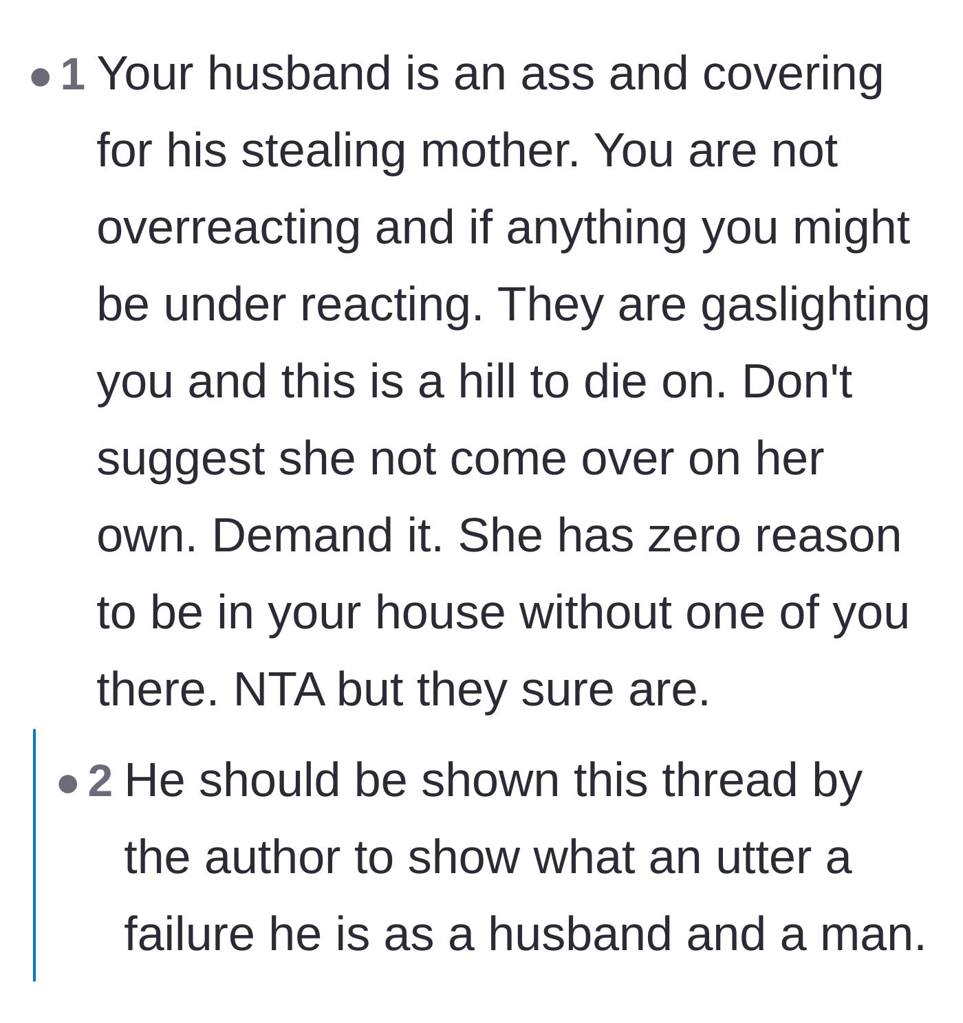 Comment thread 1 - Commenters validating the wife's anger and criticizing the husband's failure to protect her boundaries.