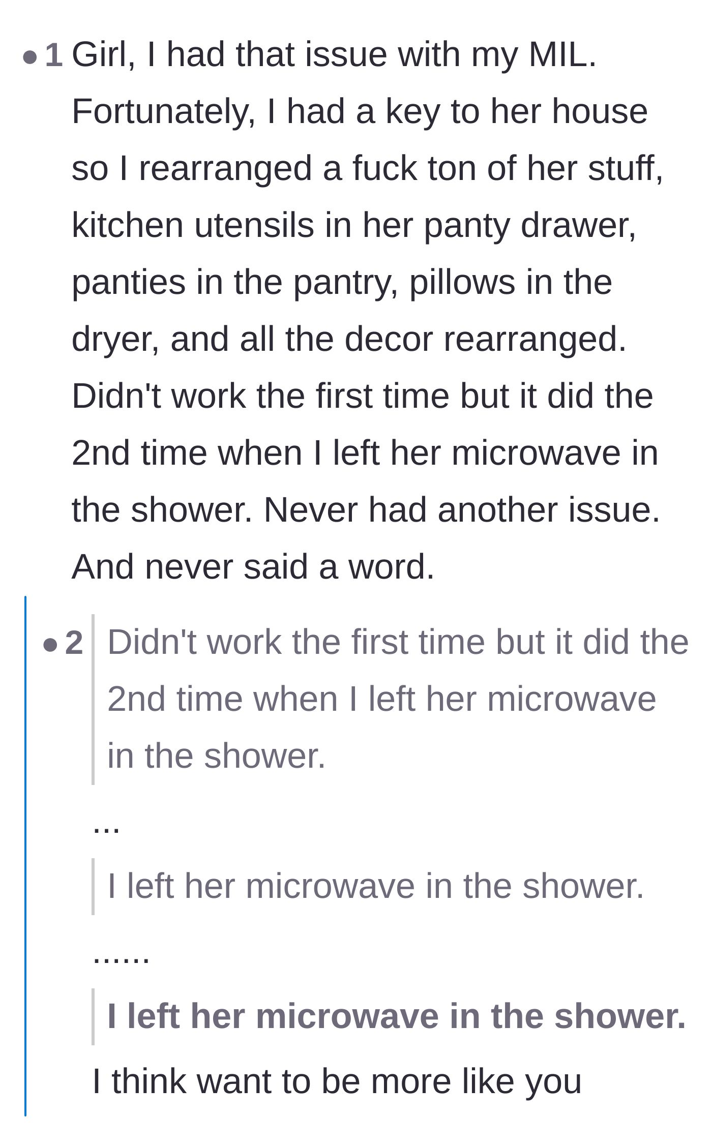 Comment thread 2 - A reader sharing a chaotic story about getting revenge on their own mother-in-law by hiding her microwave in the shower.