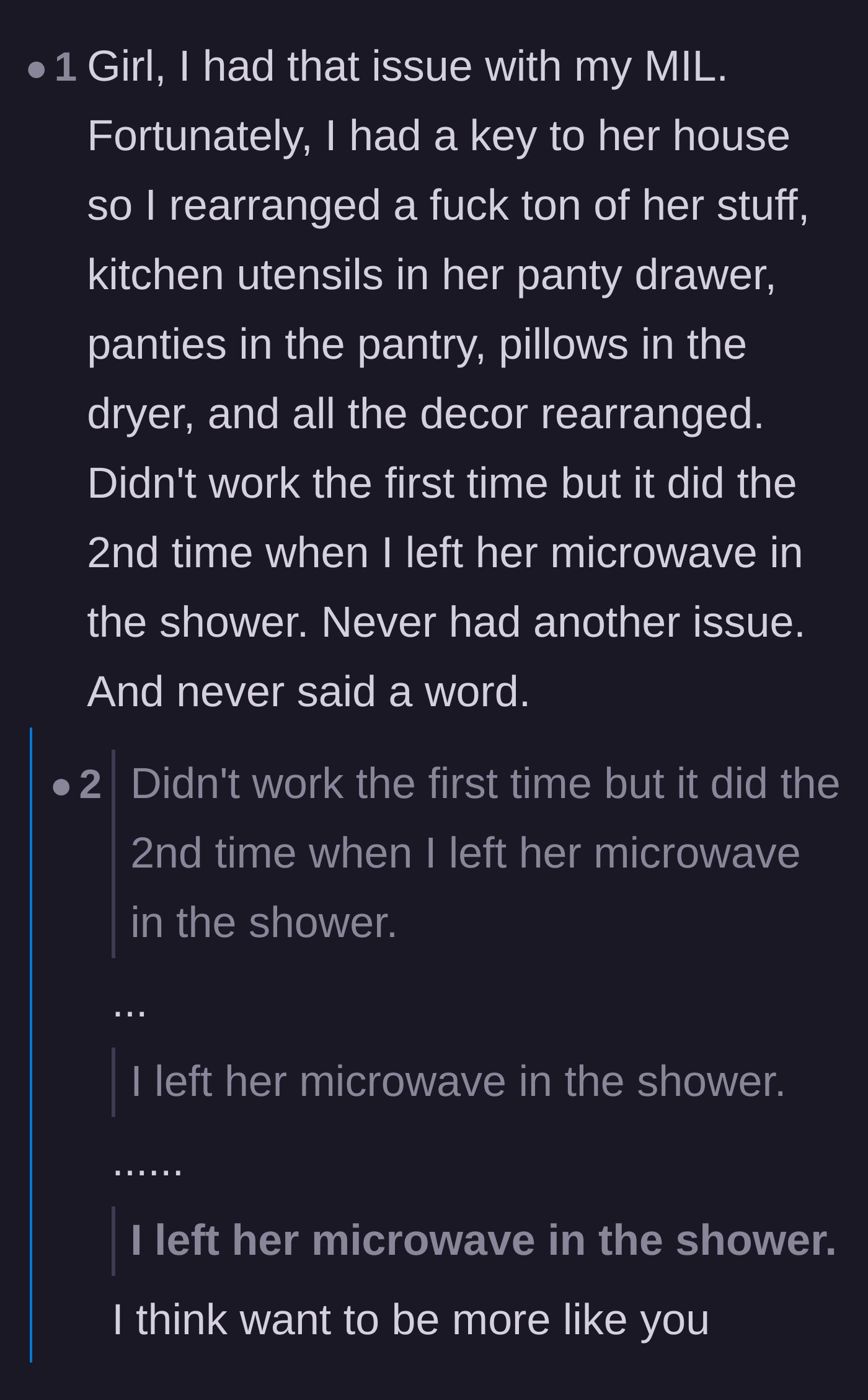 Comment thread 2 - A reader sharing a chaotic story about getting revenge on their own mother-in-law by hiding her microwave in the shower.