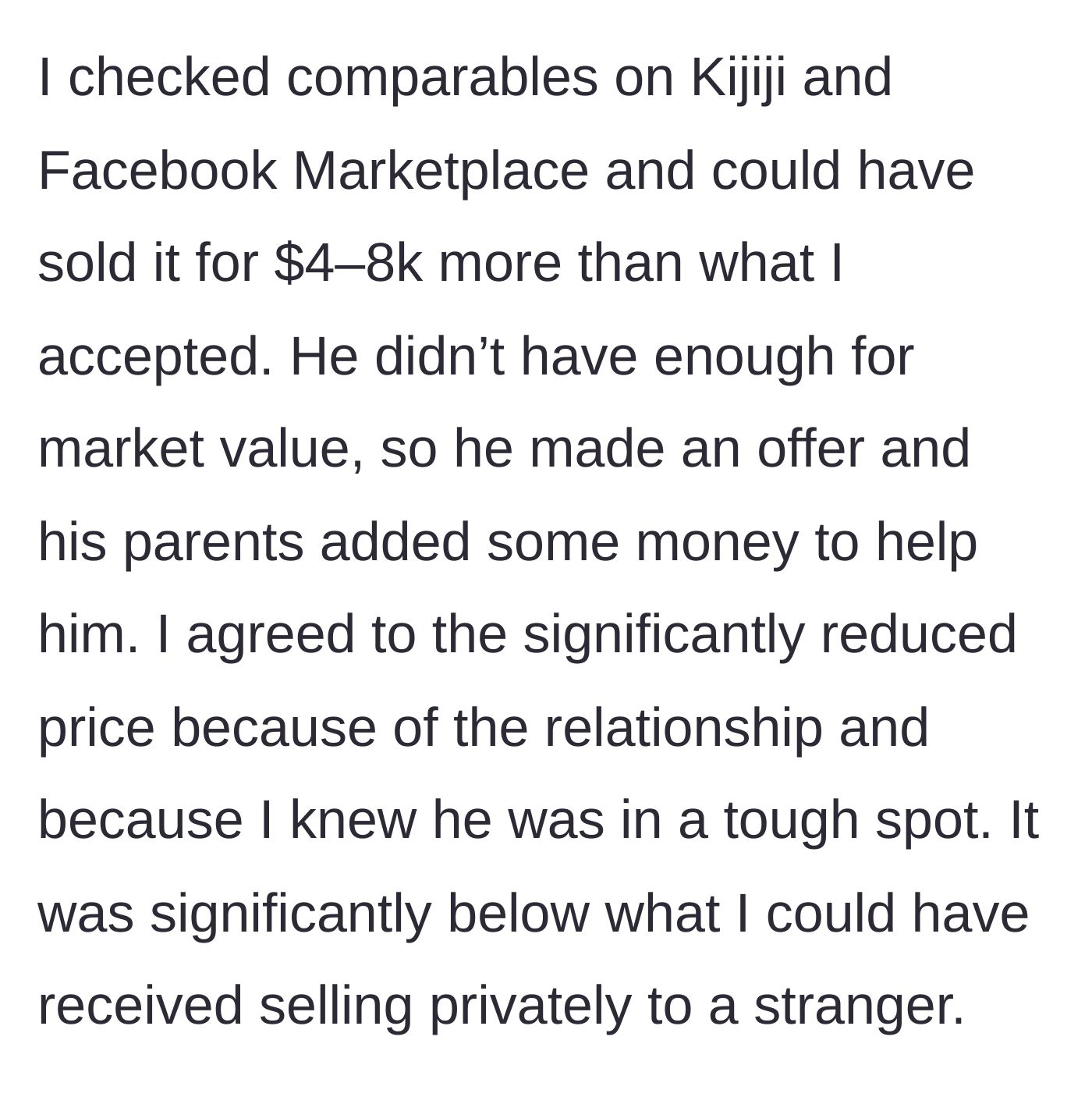 Story part 2 - The seller explains taking a massive financial loss on the market value to help the young family.