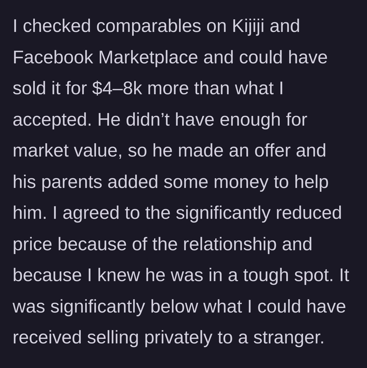 Story part 2 - The seller explains taking a massive financial loss on the market value to help the young family.