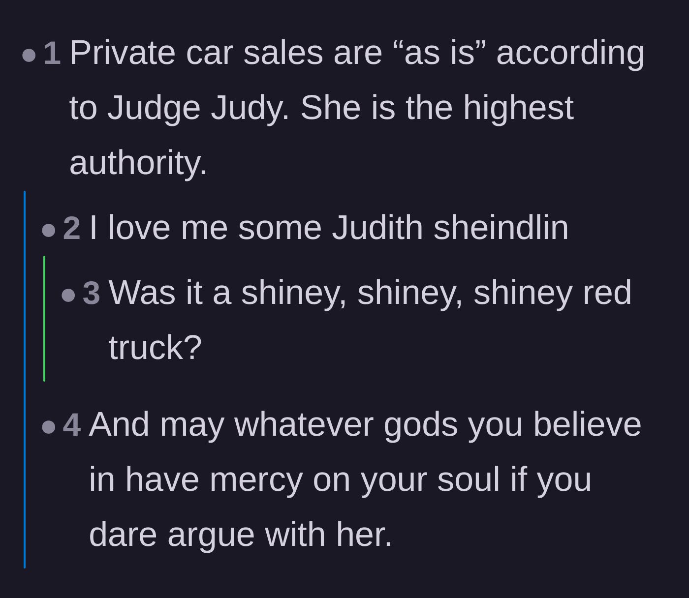 Comment thread 1 - A discussion about Judge Judy's rules on private sales and the danger of doing favors for entitled people.