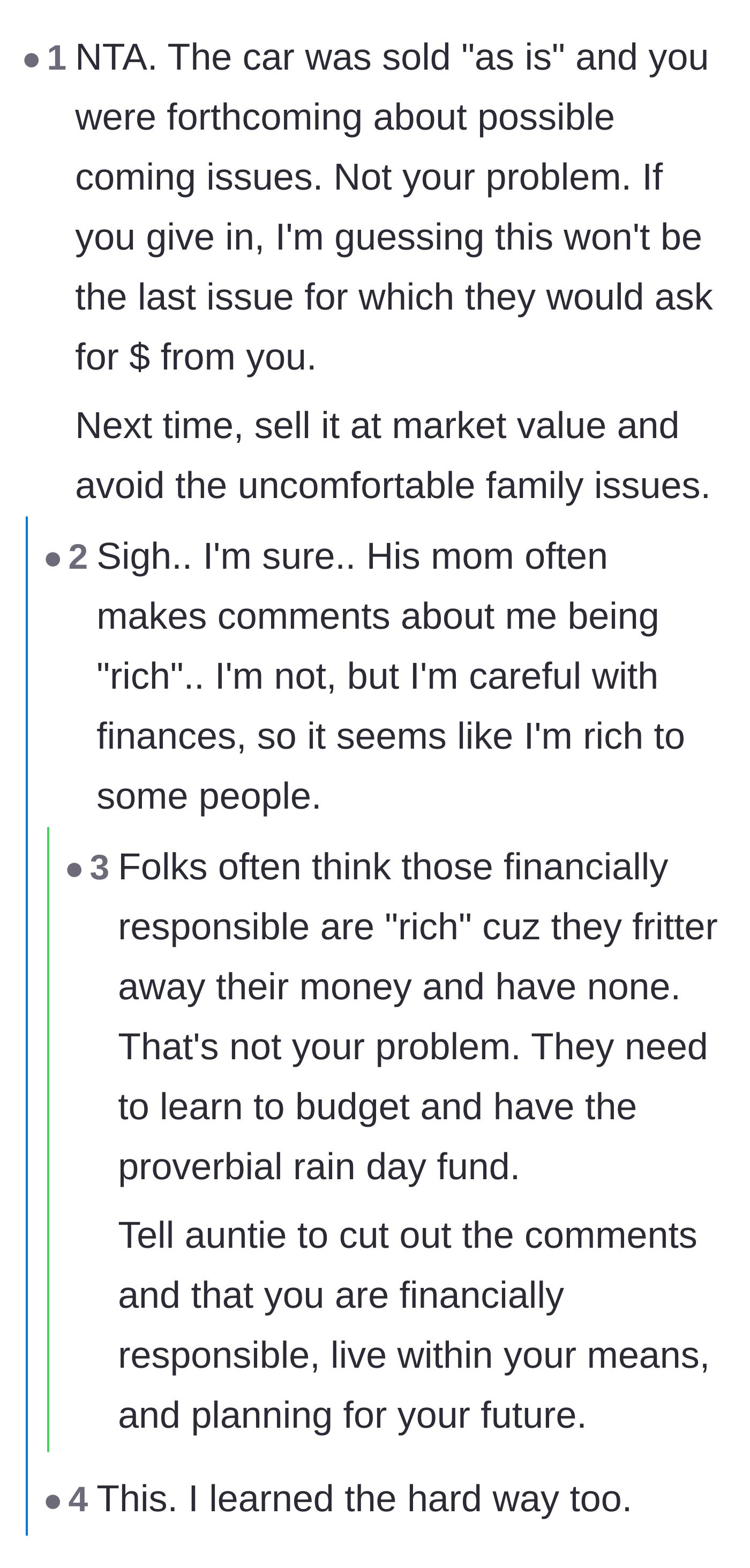 Comment thread 2 - Commenters advising against paying for repairs and discussing how financially responsible people are often unfairly viewed as 'rich.'