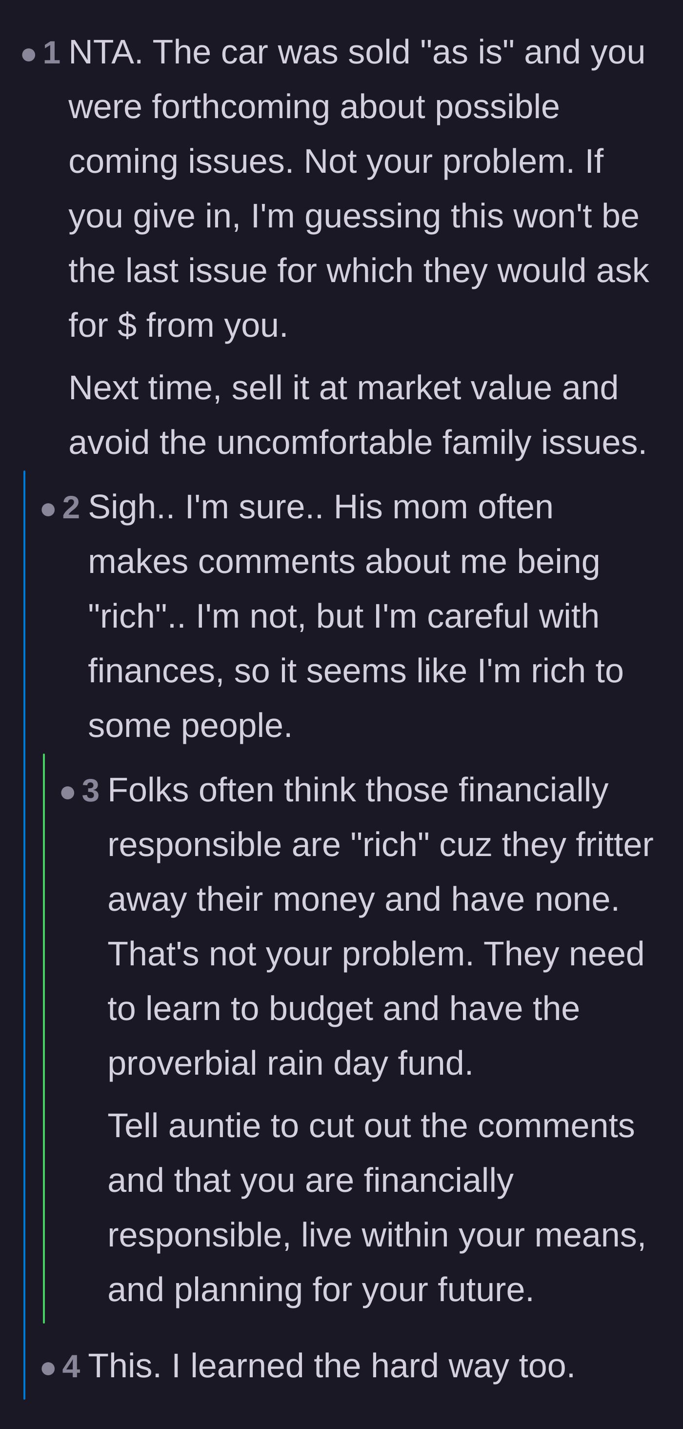 Comment thread 2 - Commenters advising against paying for repairs and discussing how financially responsible people are often unfairly viewed as 'rich.'