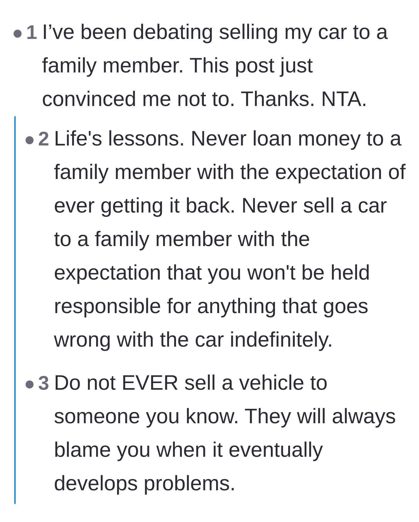Comment thread 3 - Readers sharing cautionary tales about selling cars or building computers for family, resulting in lifetime unpaid support.