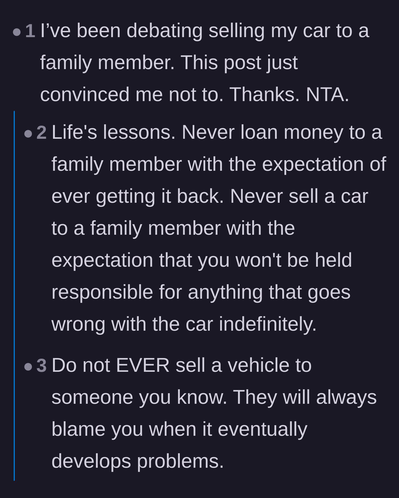 Comment thread 3 - Readers sharing cautionary tales about selling cars or building computers for family, resulting in lifetime unpaid support.